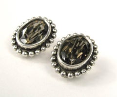 Stephen Dweck Sterling Silver Smokey Quartz Oval Bezel Earrings 1990s
