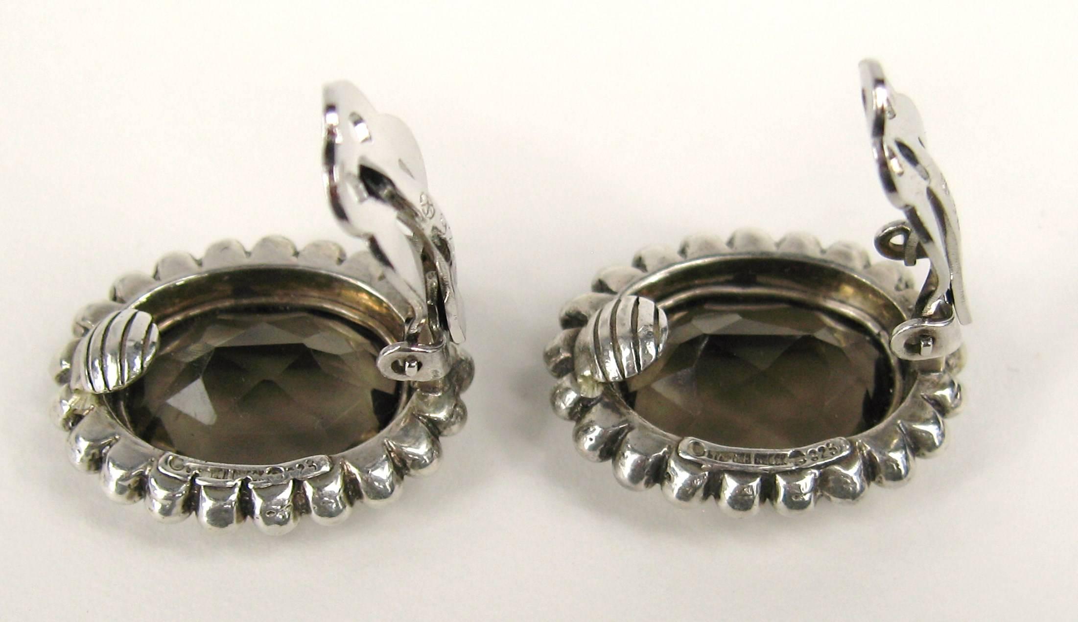 Oval Cut Stephen Dweck Sterling Silver Smokey Quartz Oval Bezel Earrings 1990s  For Sale