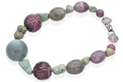 Stephen Dweck Sterling Silver Turquoise Lepidolite Rhodonite Beaded Necklace
