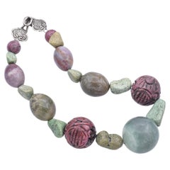 Vintage Stephen Dweck Sterling Silver Turquoise Lepidolite Rhodonite Beaded Necklace