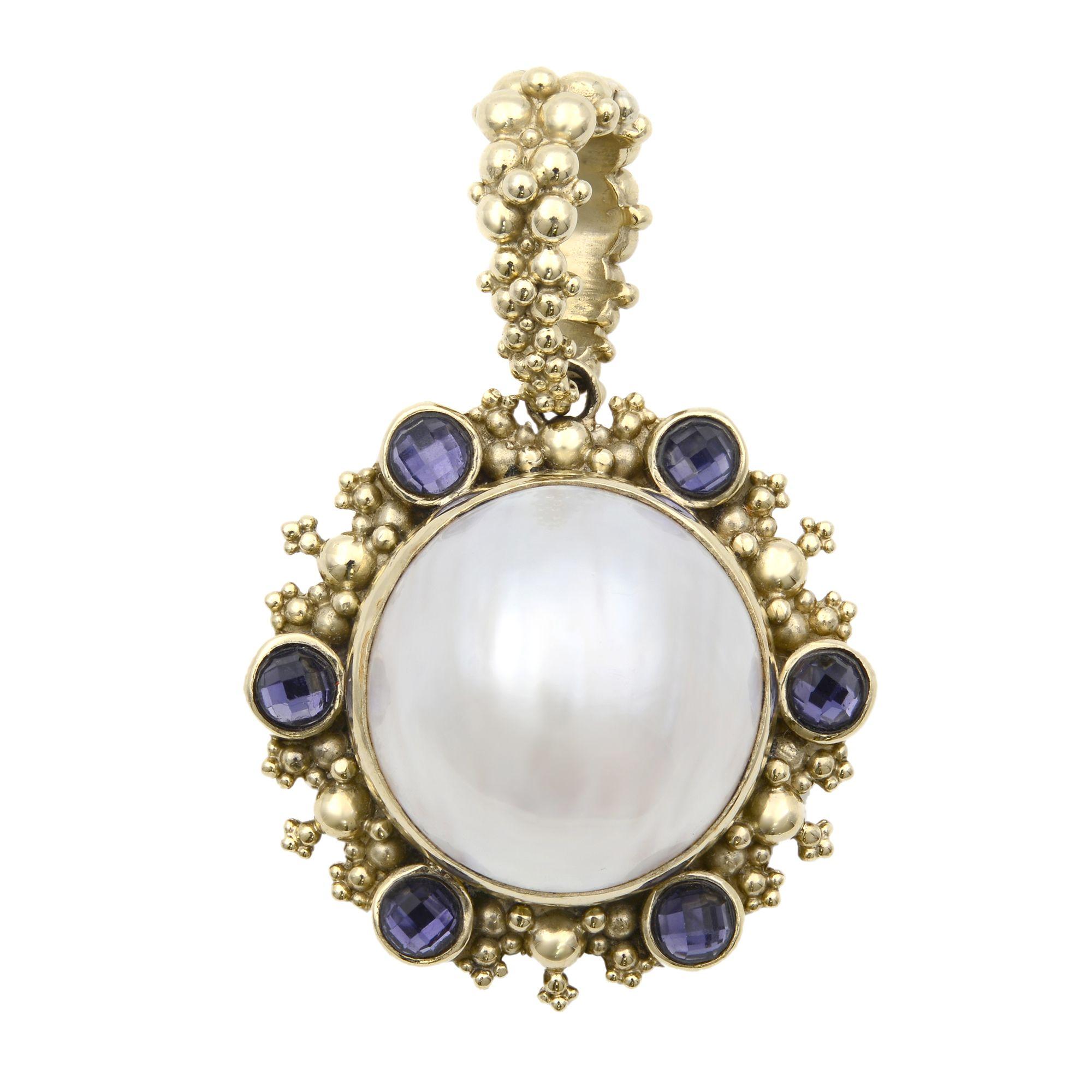 Stephen Dweck White Pearl and Amethyst Earrings & Pendant Set 18K Yellow Gold  For Sale 1