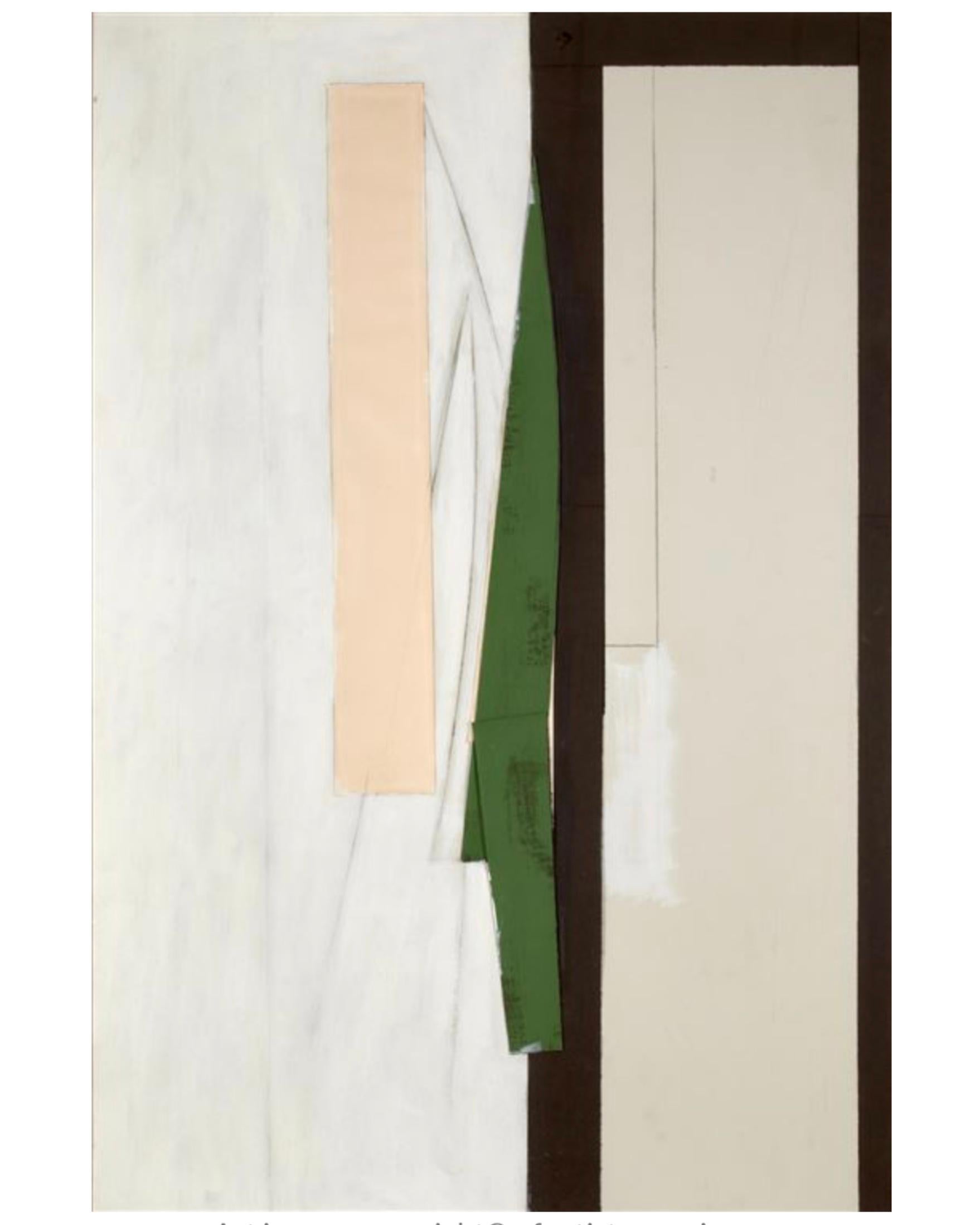 “Opening and Cypress Form” mixed media collage of acrylic polymer, paper and charcoal on canvas by American artist Stephen Edlich (1944-1989).  Title, signature, date (1979) and 439 Lafayette St. New York inscribed on verso on the stretcher bar.  