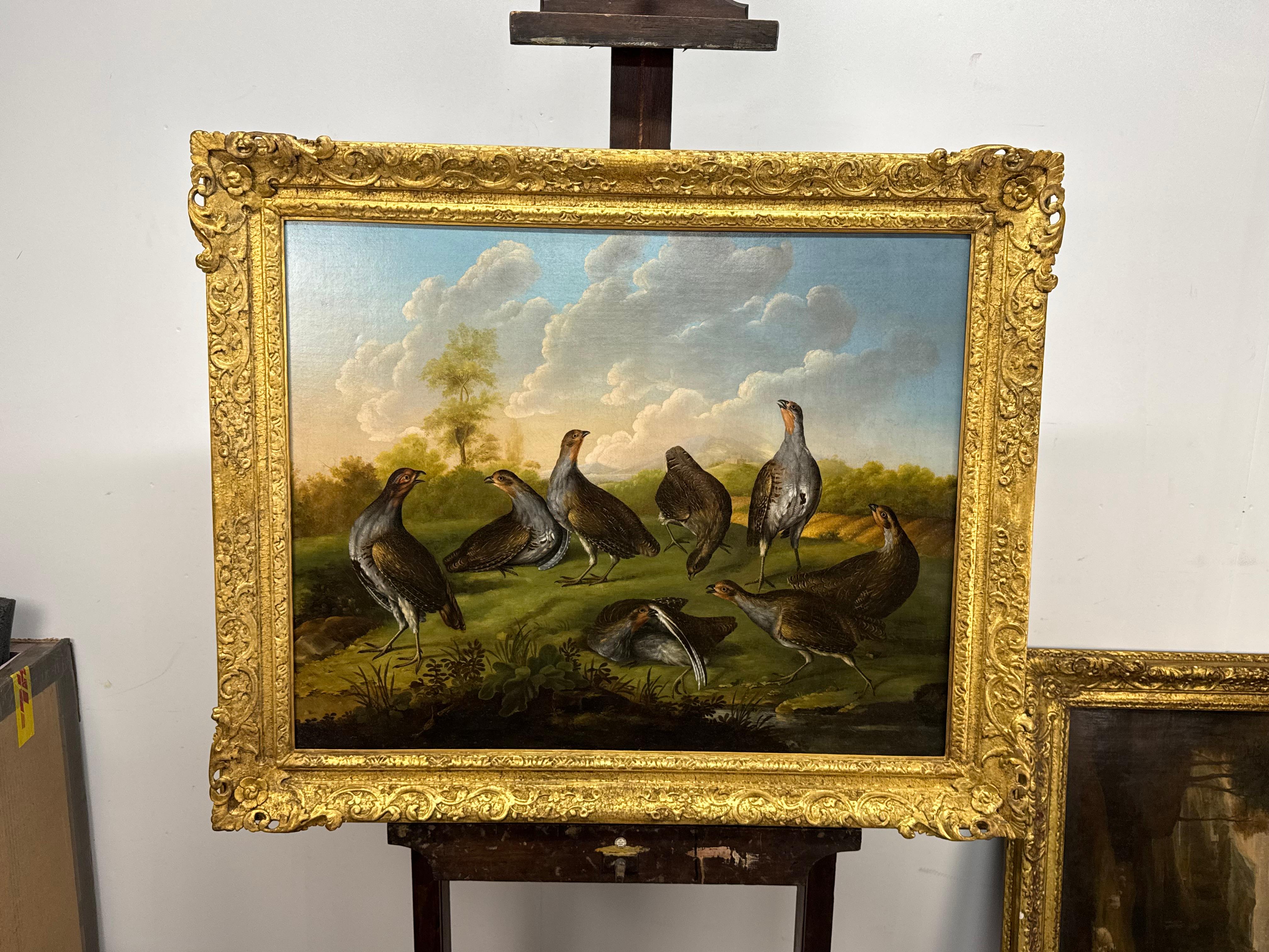 Un cesto di pernici in un paesaggio - Animal Painting Marrone di Stephen Elmer