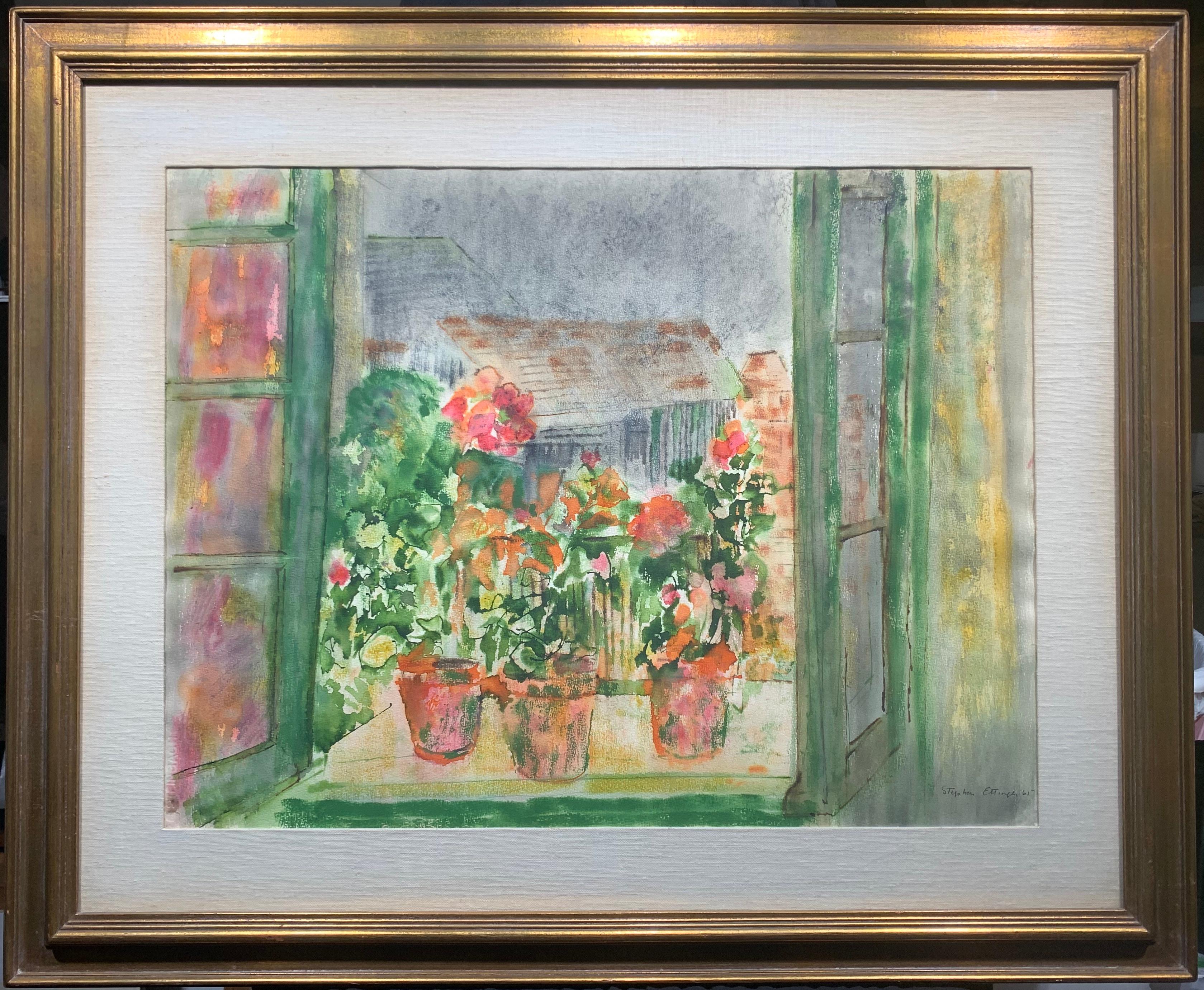 Geraniums Window Still Life - Painting by Stephen Ettinger