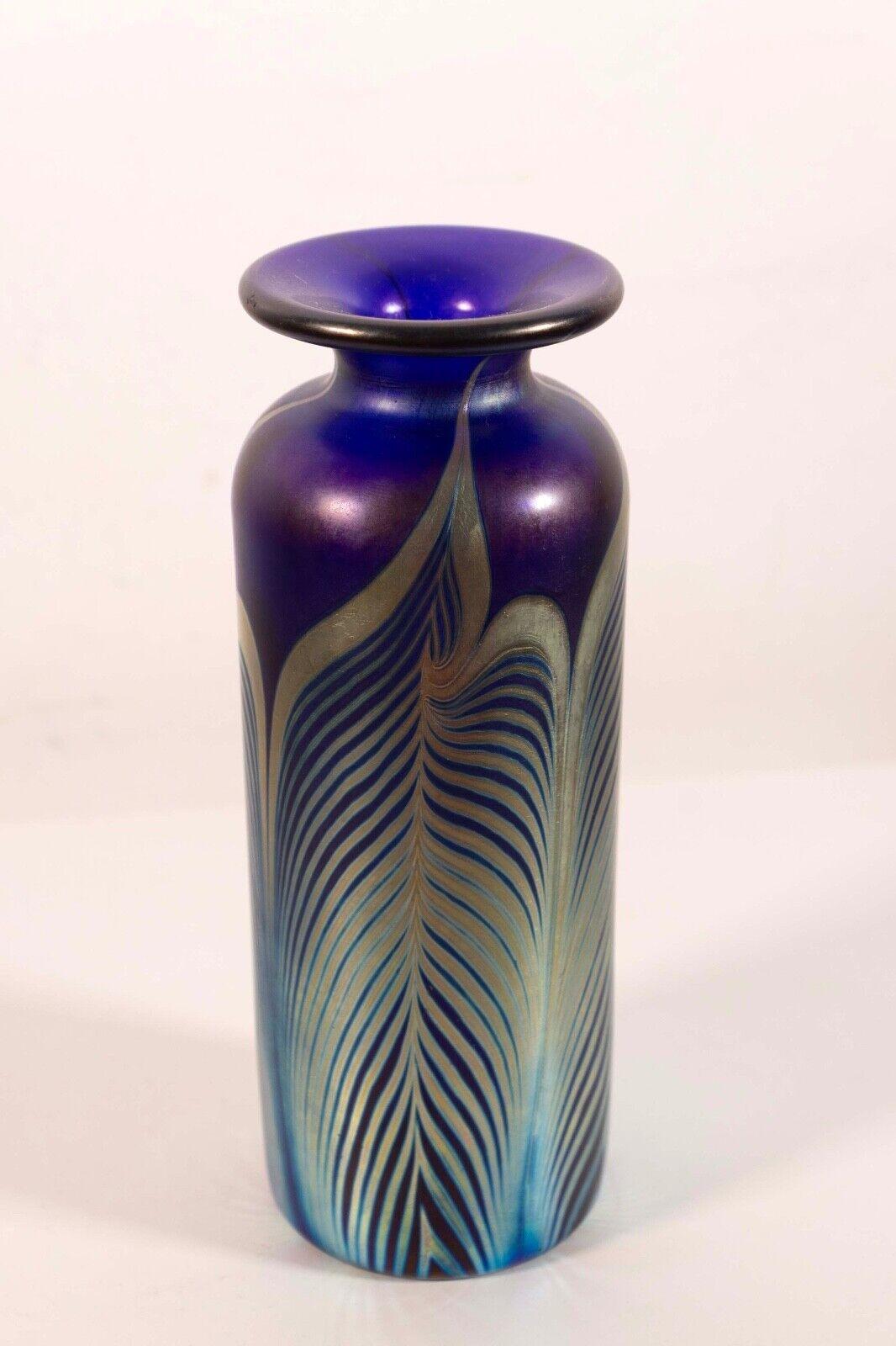 20th Century Stephen Fellerman Signed Art Nouveau Style Blue & Green Signed Small Glass Vase For Sale