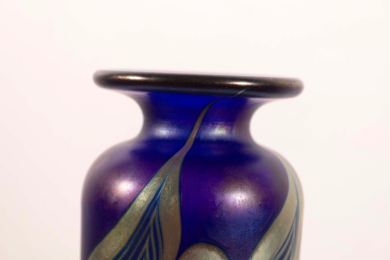 Stephen Fellerman Signed Art Nouveau Style Blue & Green Signed Small Glass Vase For Sale 1