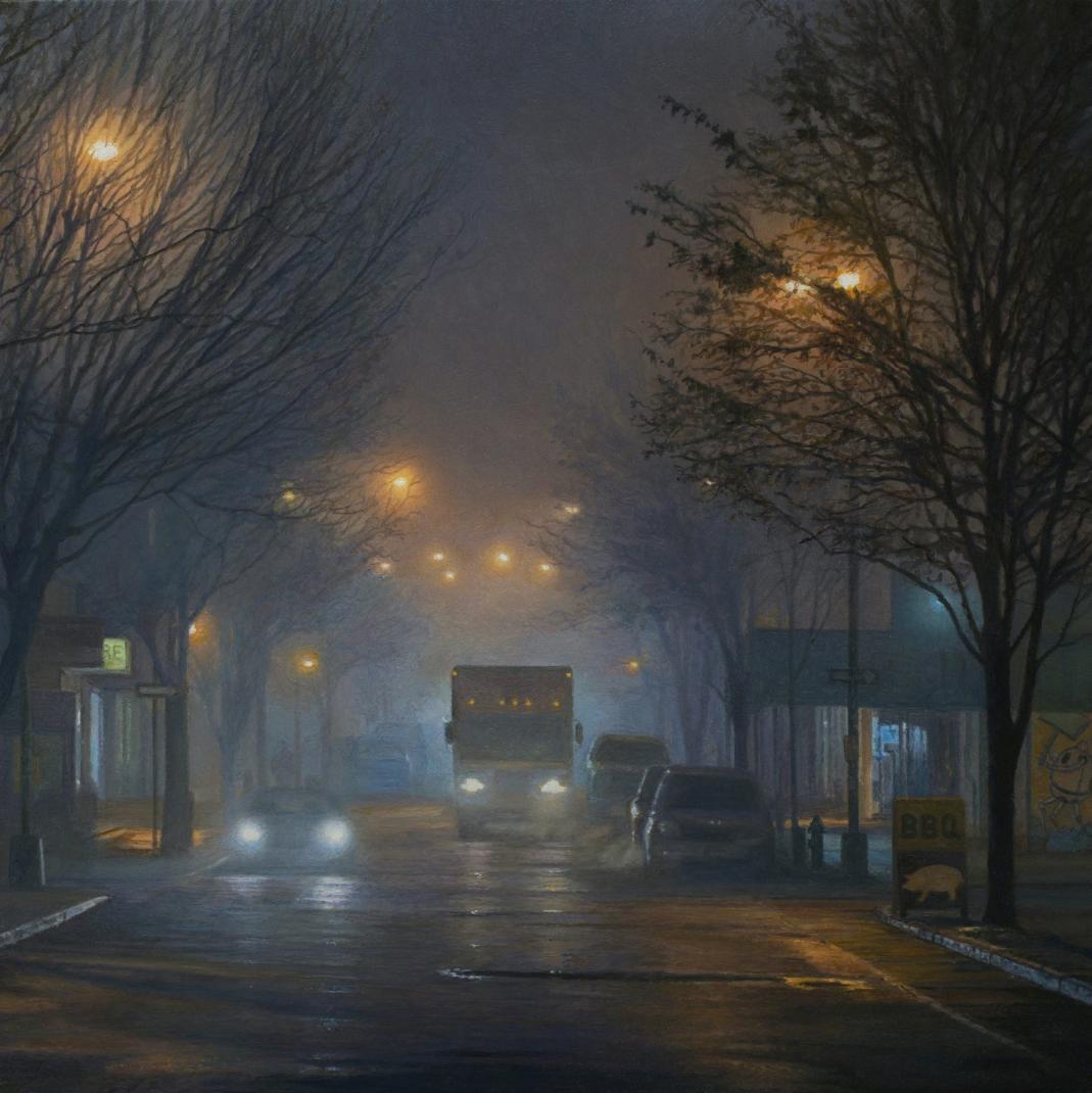 Stephen Fox Landscape Painting - Photorealist night landscape, "Bedford Before BBQ"