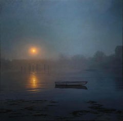 Photorealist water scene with blue, "Early Morning Blues", oil on panel, 2018