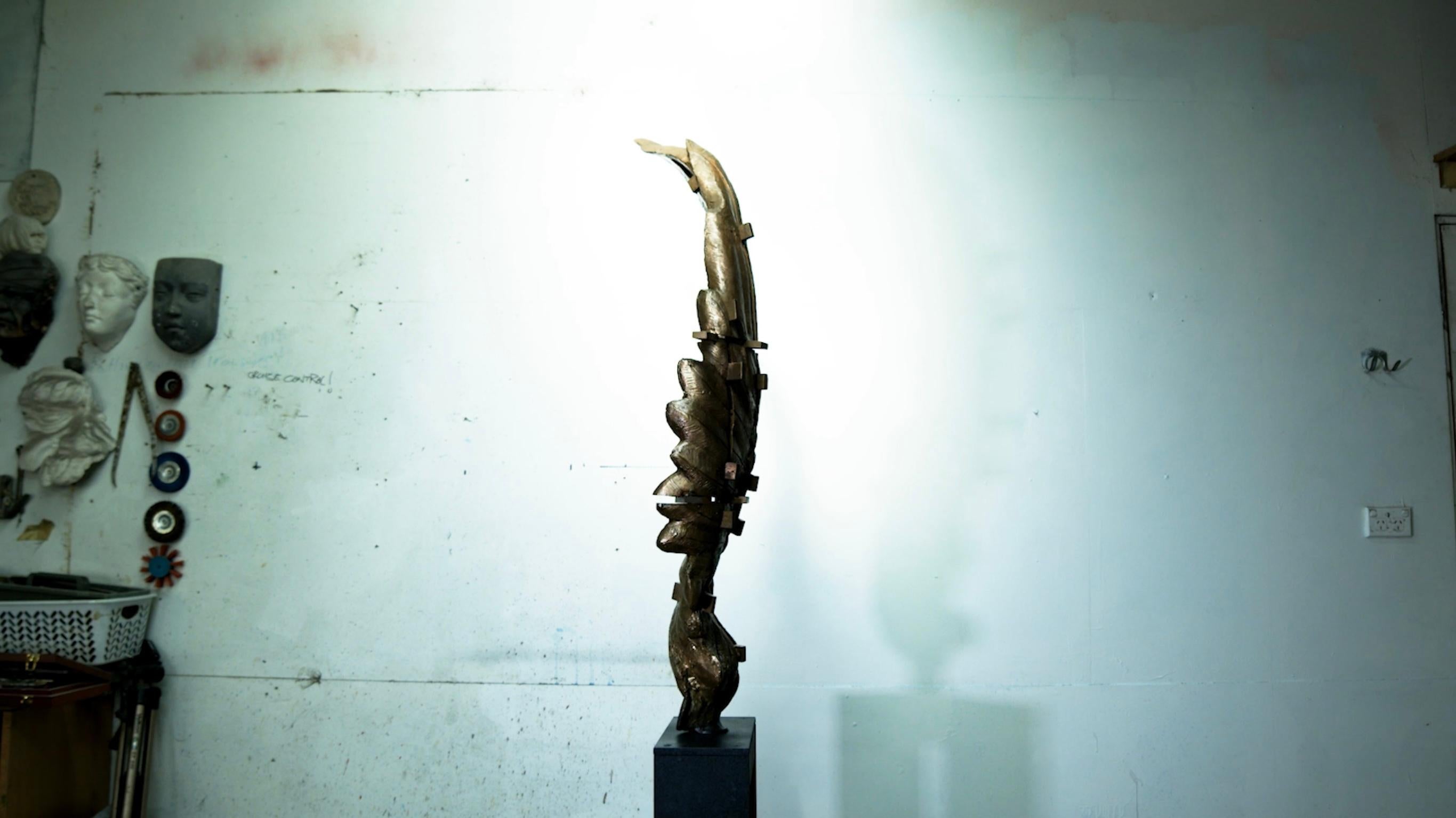 Split Wing, Zeitgenössische Bronzeskulptur auf Stahlsockel – Sculpture von Stephen Glassborow
