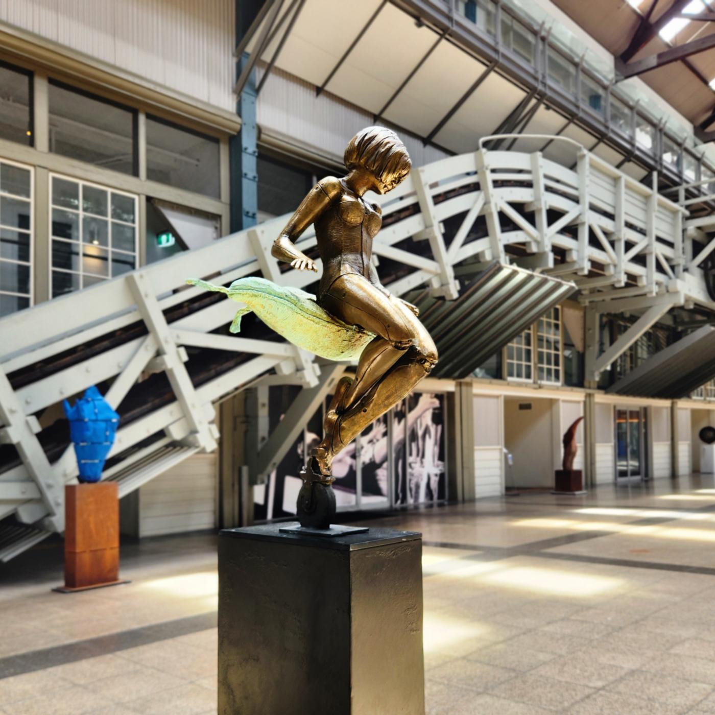 Soft Landing, Contemporary Bronze Sculpture - Gold Figurative Sculpture by Stephen Glassborow