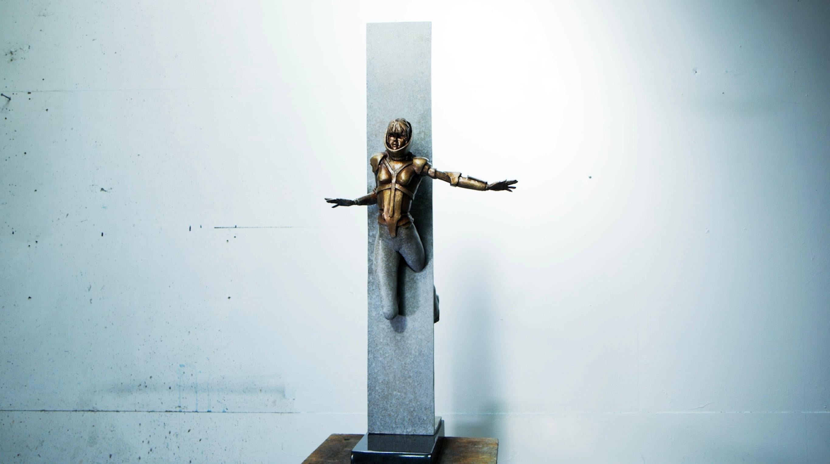 Vertigo, Contemporary Bronze Sculpture on Granite base - Gold Figurative Sculpture by Stephen Glassborow