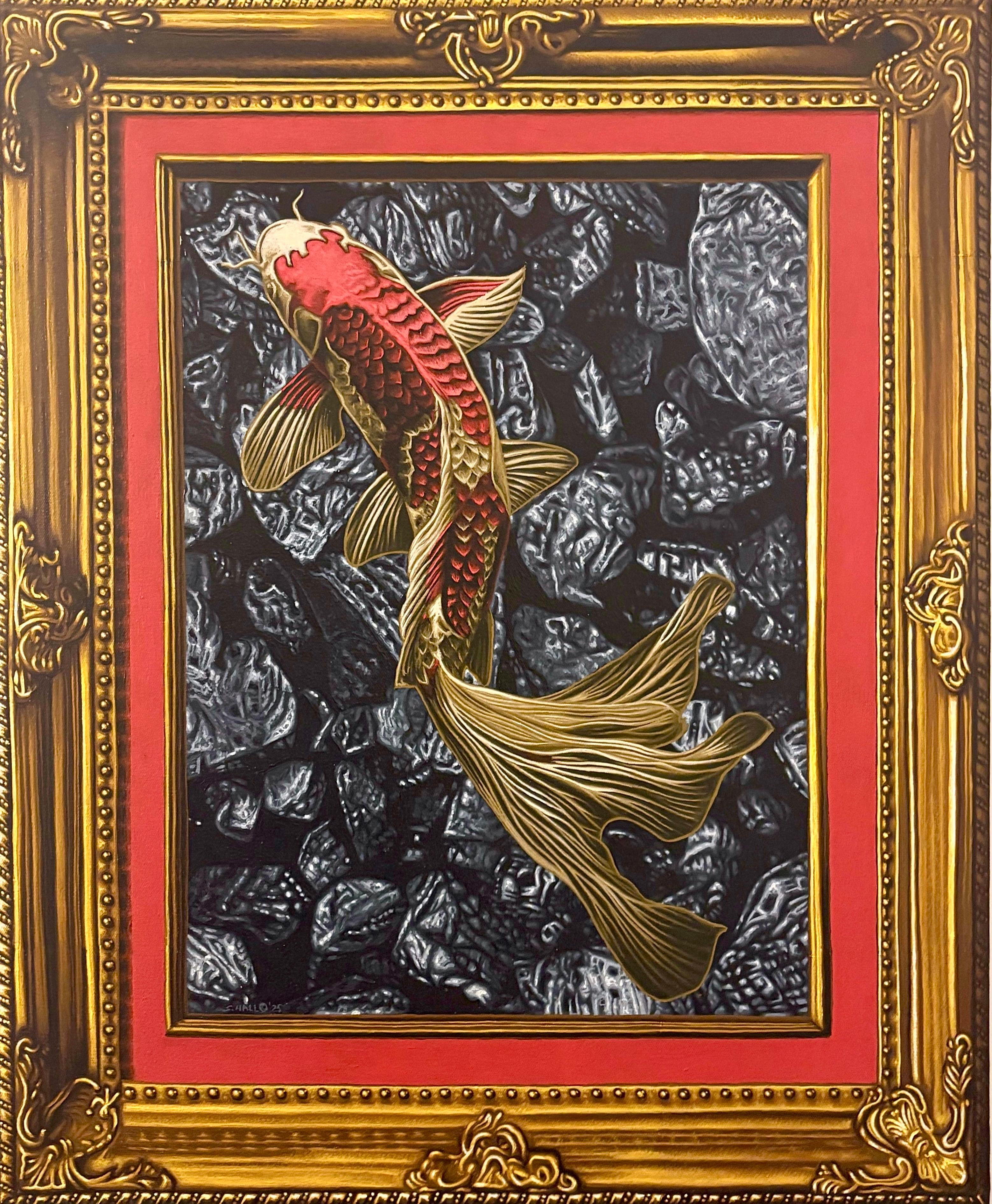 Stephen Hall Animal Painting - Acrylic on Canvas: " Koi on Coal / Not Tonight Anthracite"