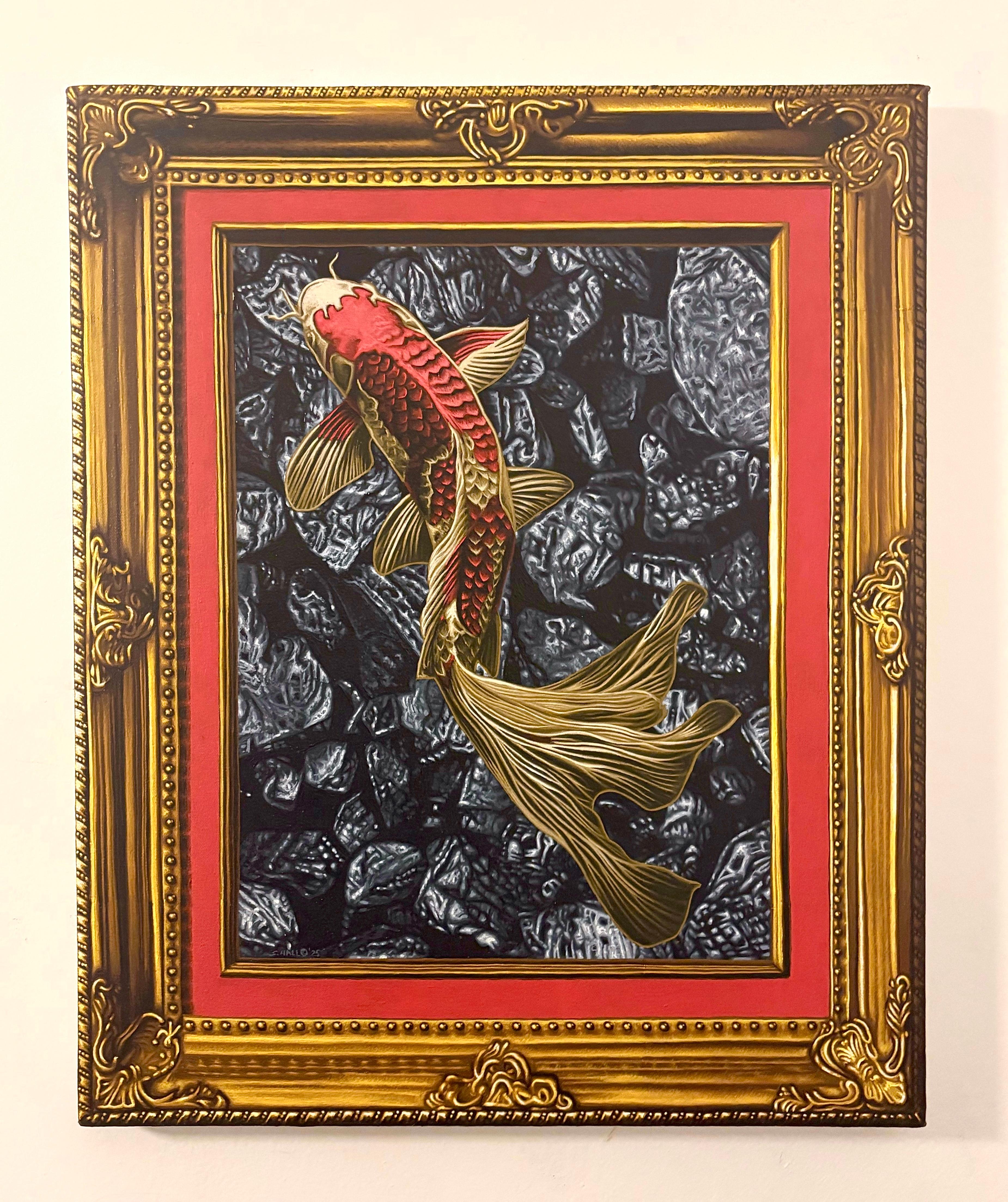 Stephen Hall Animal Painting – Koi auf Kohle/Nicht heute Nacht Anthrazit