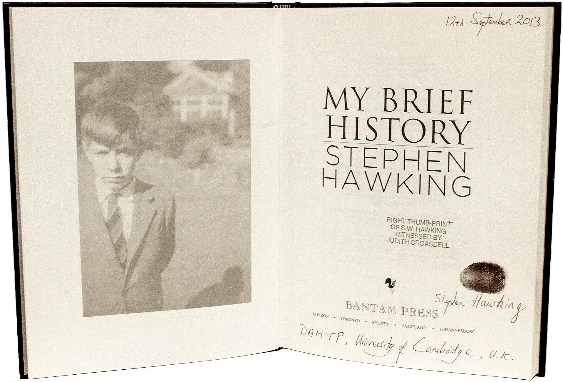 Stephens HAWKING. Ma brève histoire. 1ST ED - WITH HIS BLACK INK THUMB PRINT ! Excellent état - En vente à Hillsborough, NJ