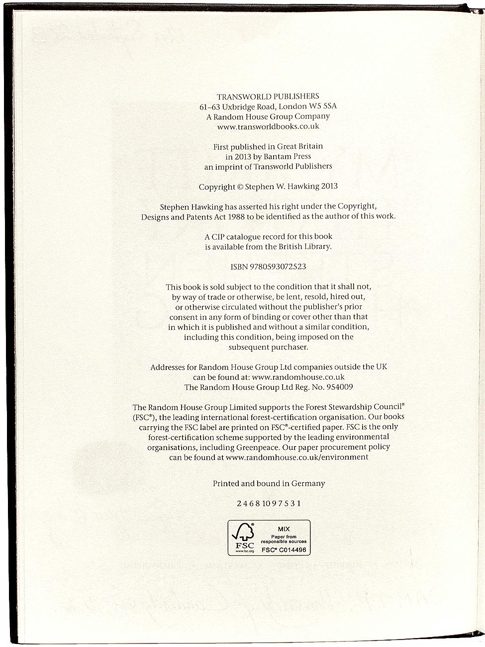 Stephens HAWKING. Ma brève histoire. 1ST ED - WITH HIS BLACK INK THUMB PRINT ! en vente 1
