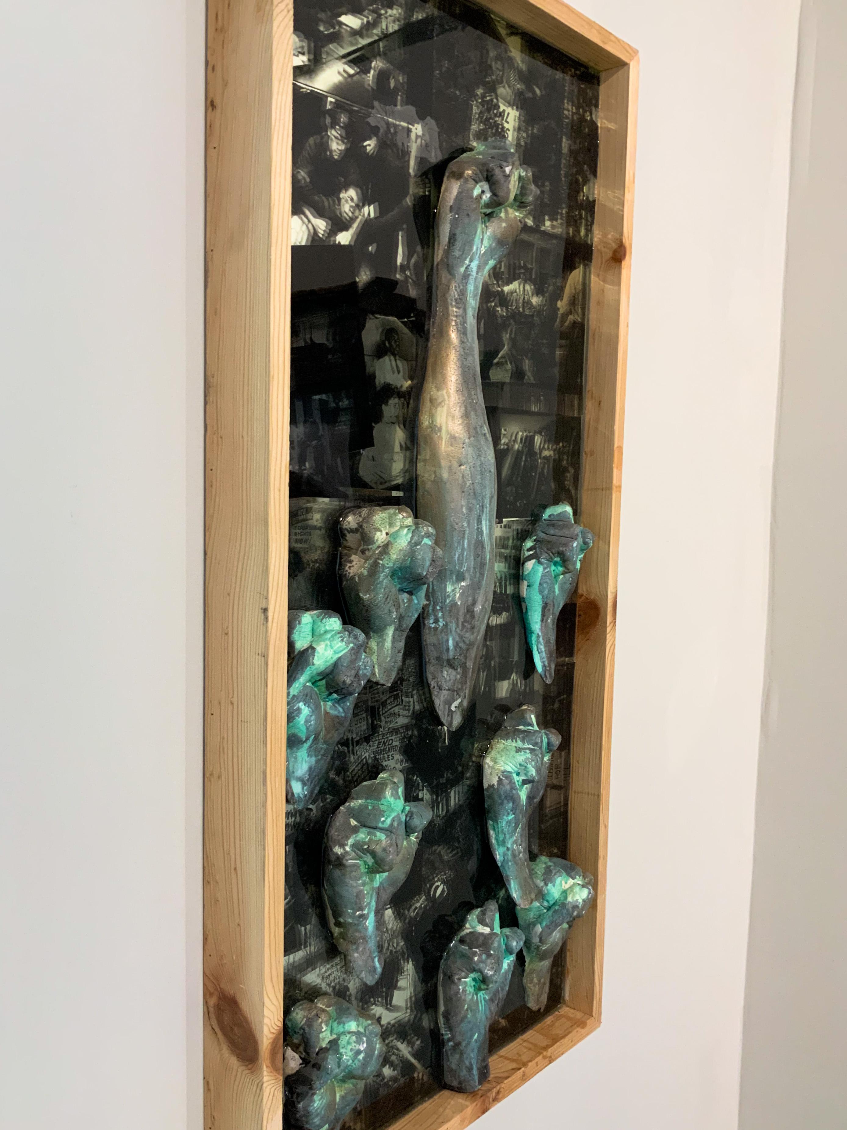 Durham native Stephen Hayes gives voice to the African American experience, through both historical interpretation contemporary mixed-media artwork. He is a creator: he sculpts, blacksmith, welds, print makes, carves and weaves. Hayes is well known