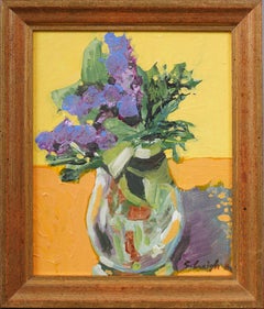 Importante pintura al óleo modernista contemporánea abstracta de bodegón de flores firmada