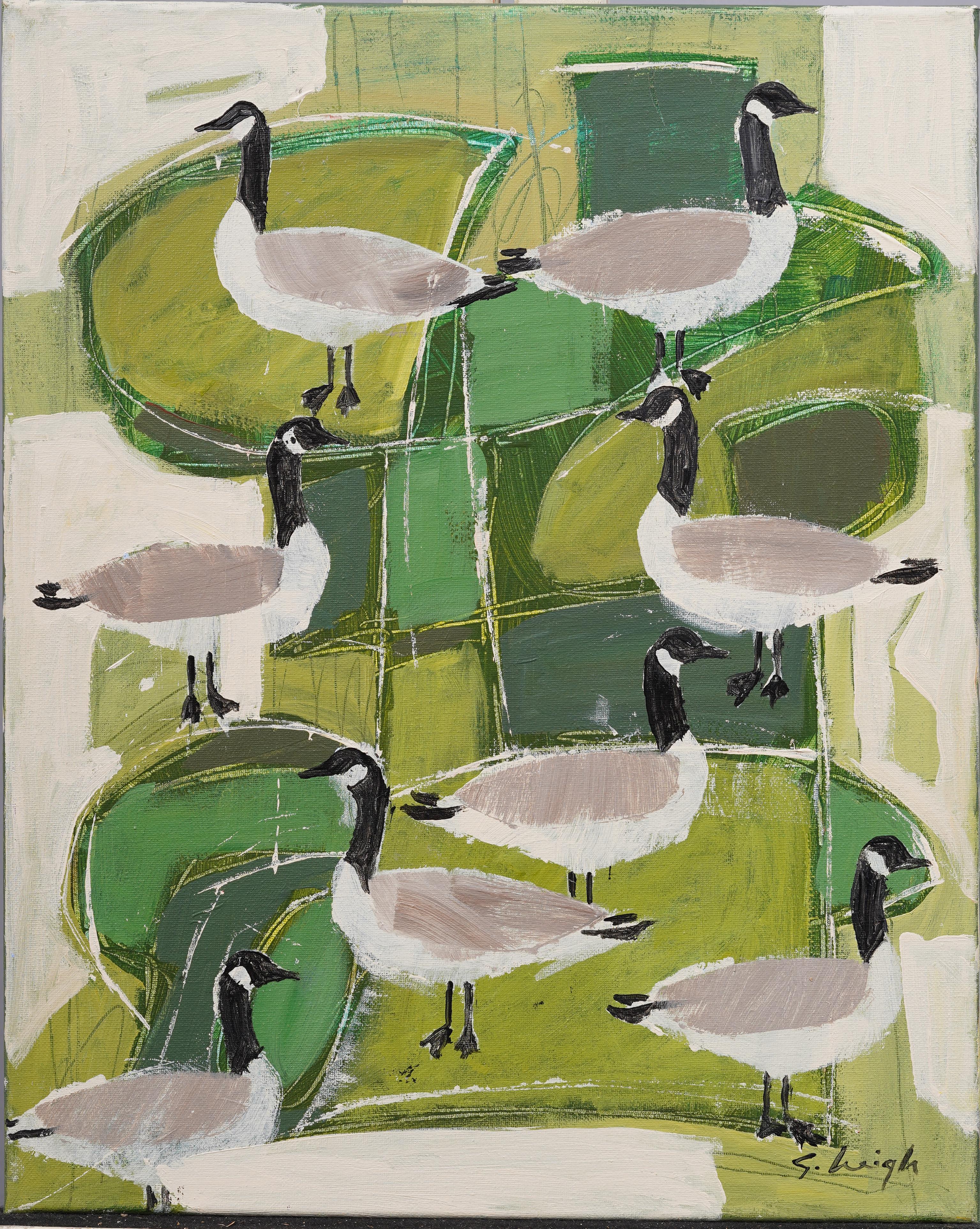 Importante dipinto ad olio di un paesaggio astratto di oche contemporanee - Painting di Stephen Heigh