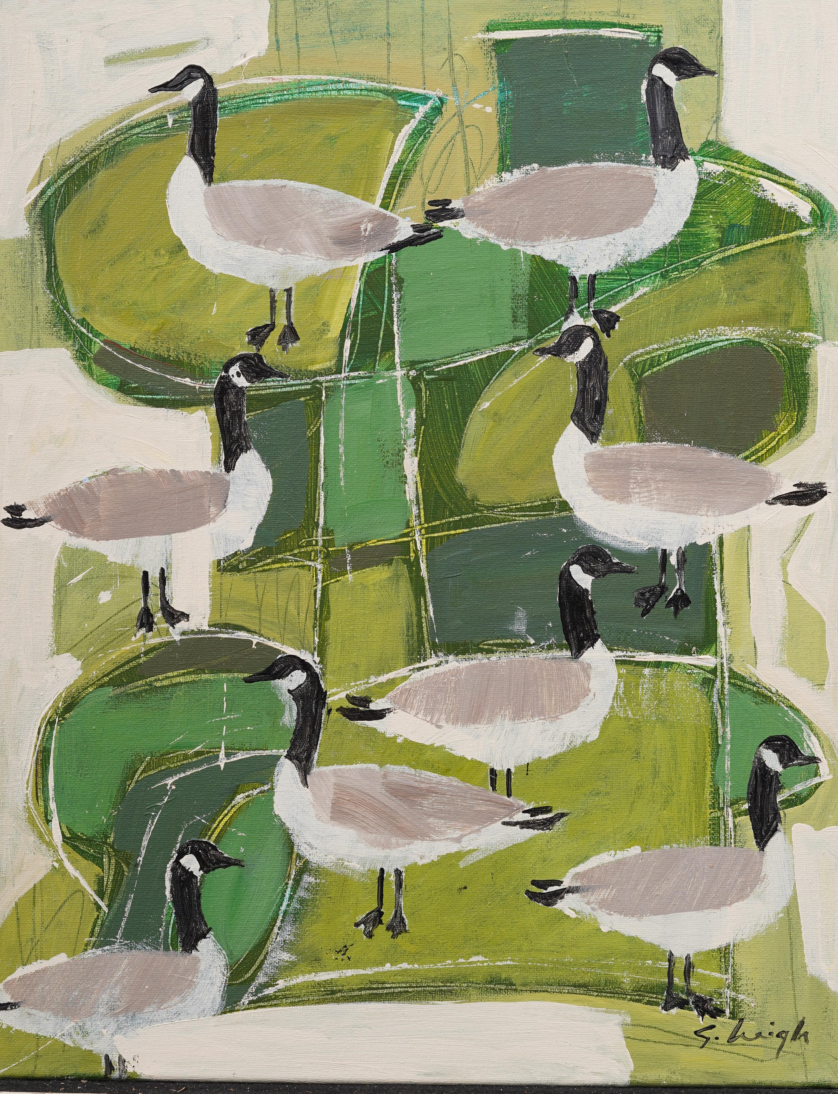 Importante dipinto ad olio di un paesaggio astratto di oche contemporanee - Painting Moderno di Stephen Heigh