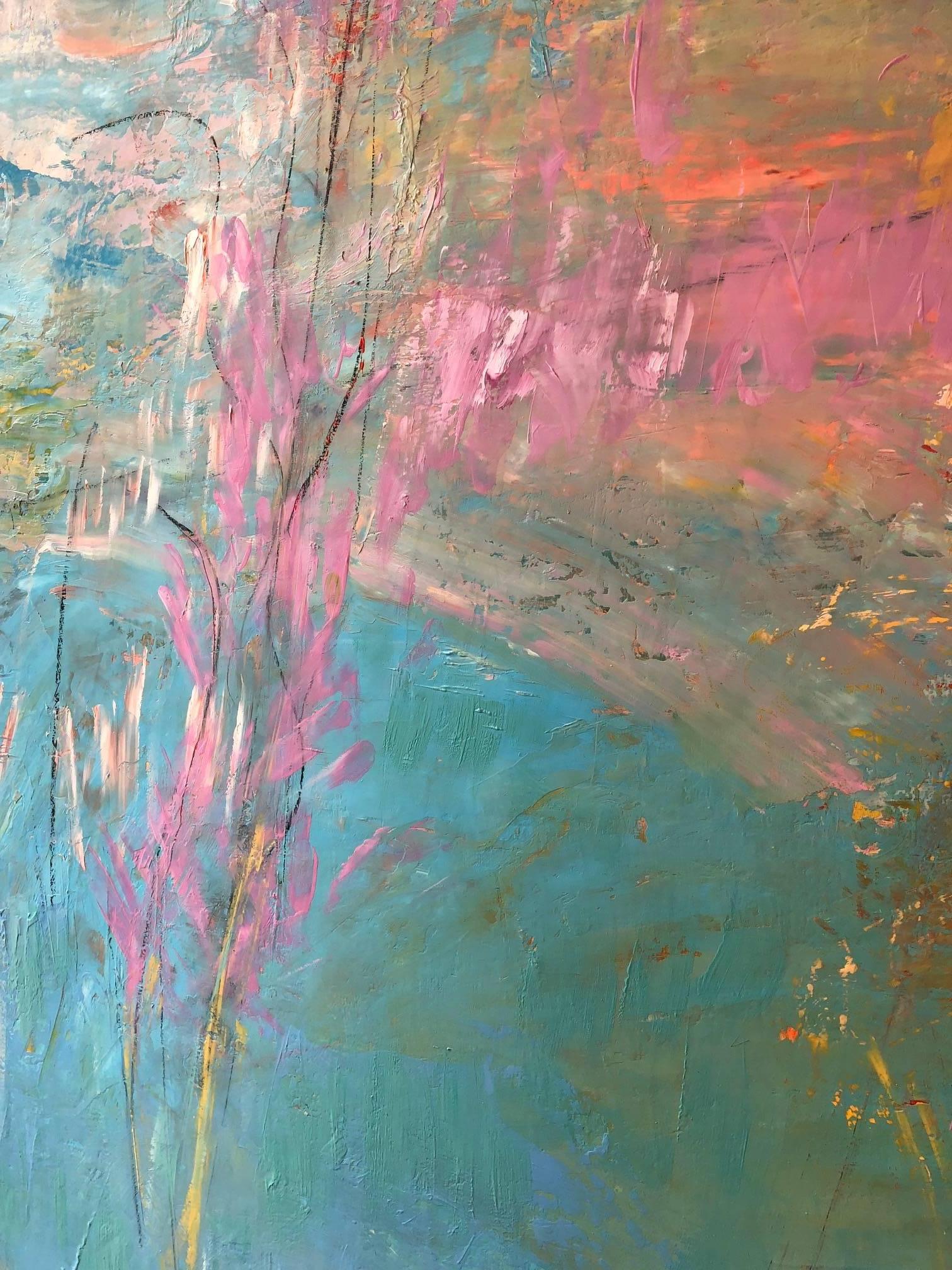 La lumière bleu-vert de la mer danse sur le rose et le jaune avec le rouge dans cette peinture à l'huile sur toile de Stephen Henriques de 62 1/4 x 58 3/4 pouces, vibrante et vivante avec des lignes et des couleurs rythmées, qui dit, 