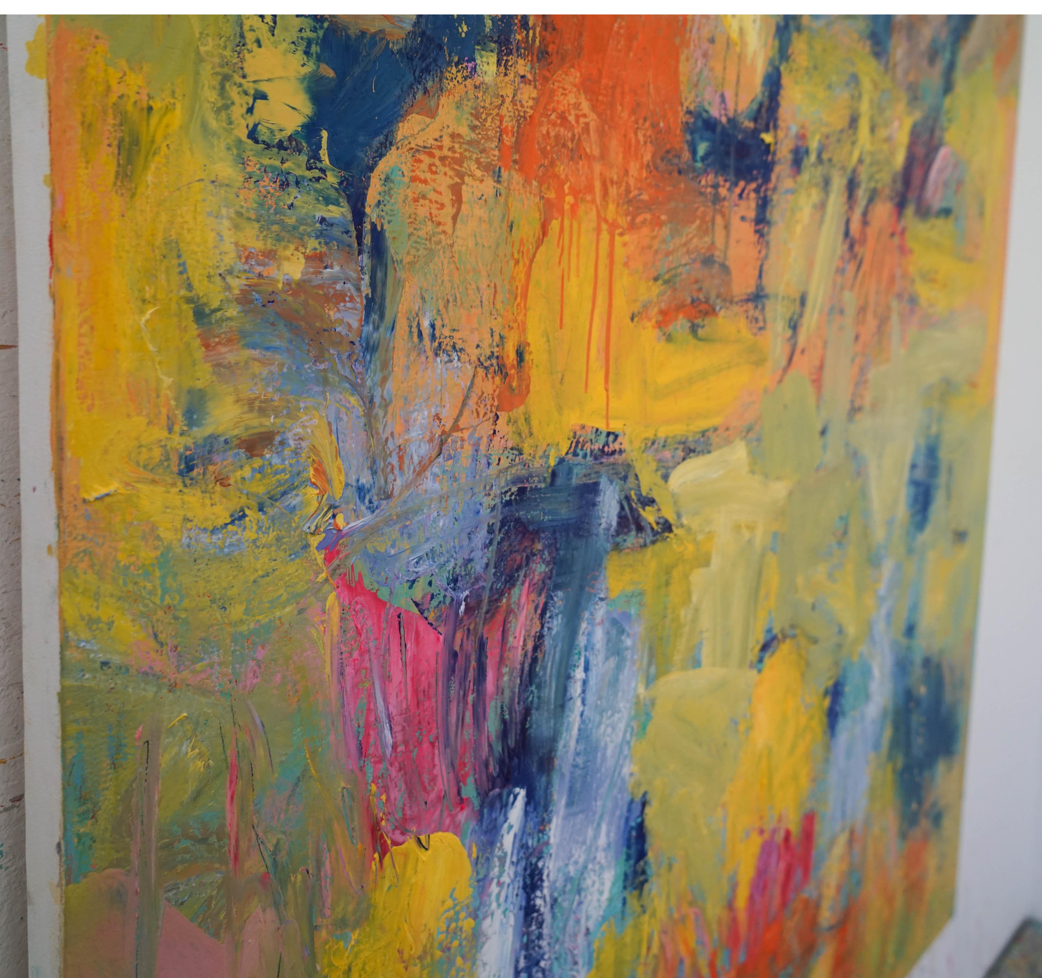 Un dipinto audace e intensamente saturo di colore di Stephen Henriques, influenzato da Bonnard e Vuillard, dal paesaggio occidentale e dalla sua luce. Quando si riferisce ai suoi oli su tele astratte che brillano di giallo, blu, arancione e rosso,