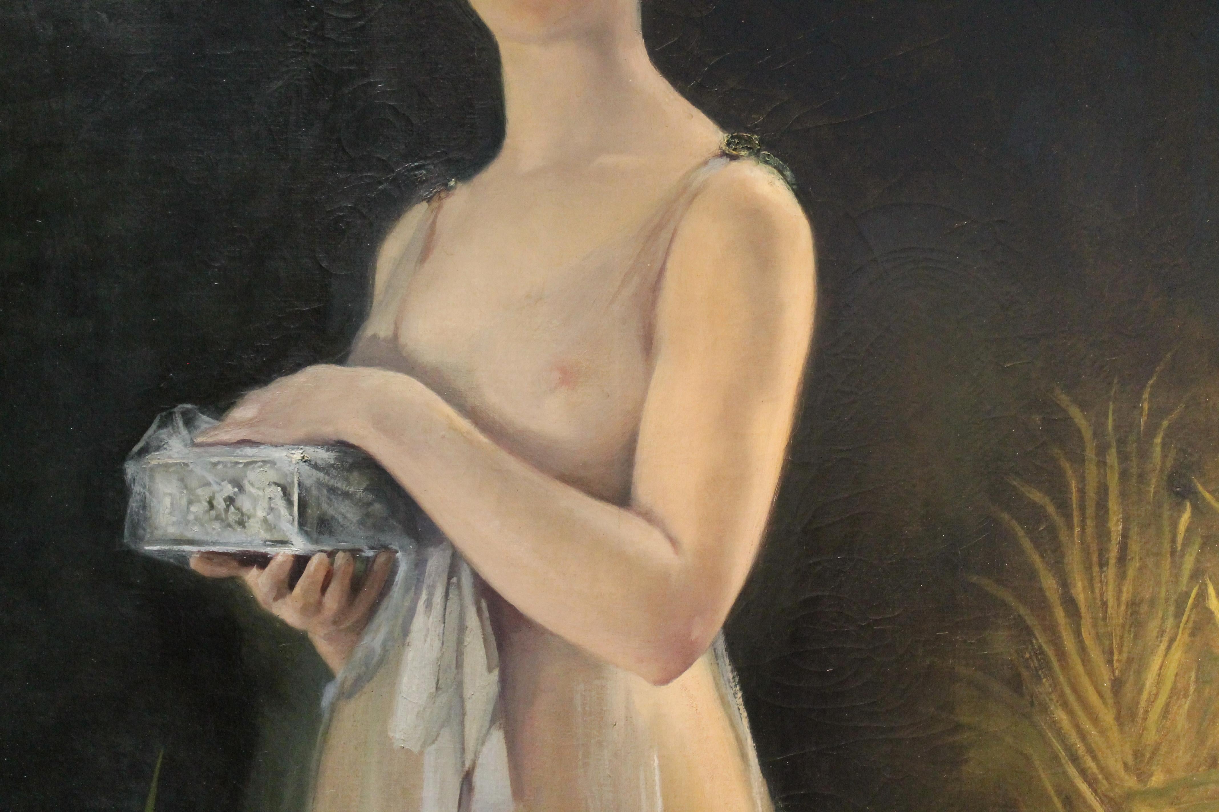 This enchanting Art Noveau oil on canvas painting features a full-length female figure portrayed in a landscape with a luxuriant nature. The young semi-naked woman covered only by a transparen veil that reveals her forms, is holding a box in her