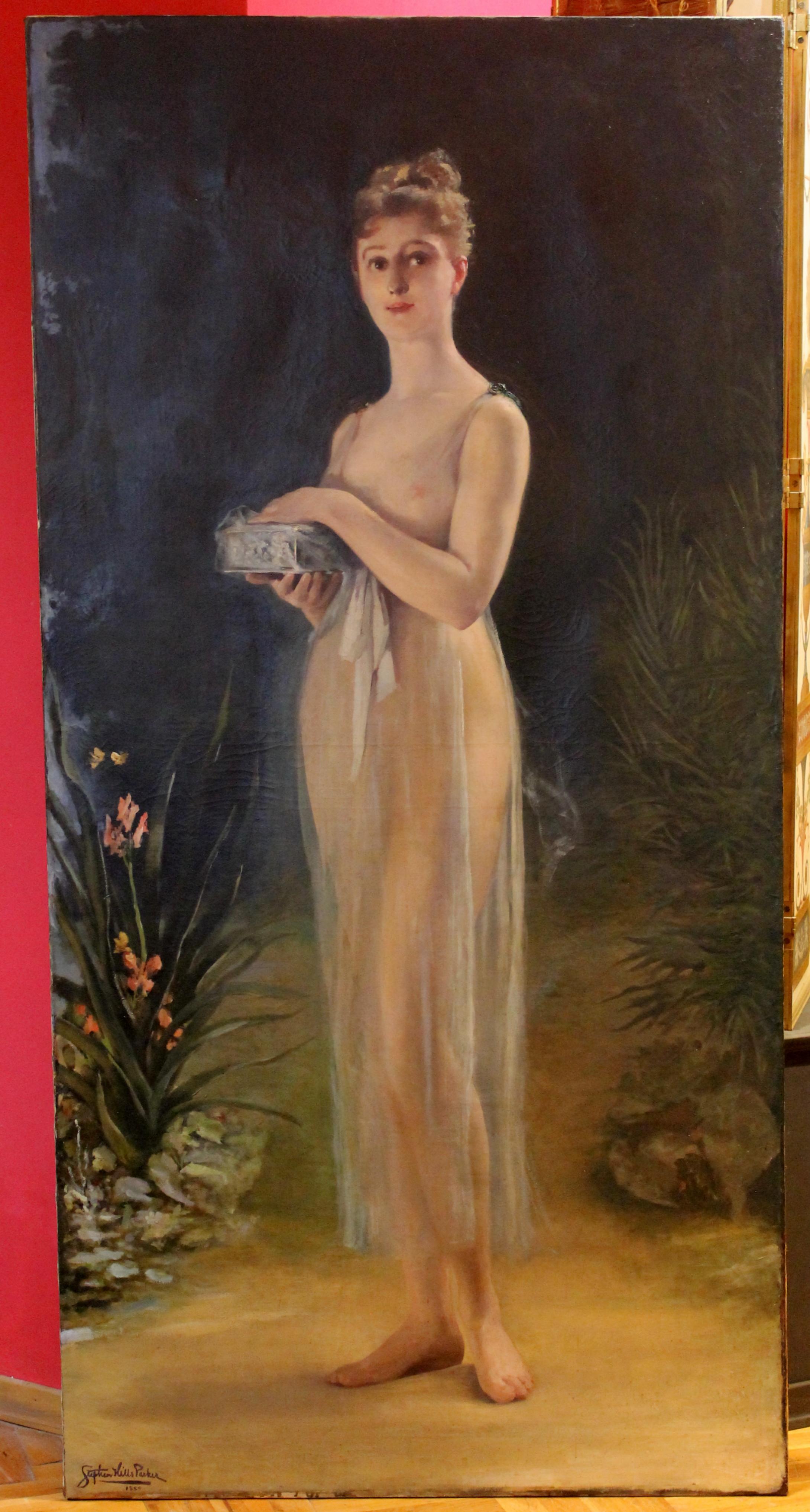 Stephen Hills Parker Nude Painting - Art Nouveau Oil on Canvas Painting, Portrait of a Woman in a Landscape, 1885