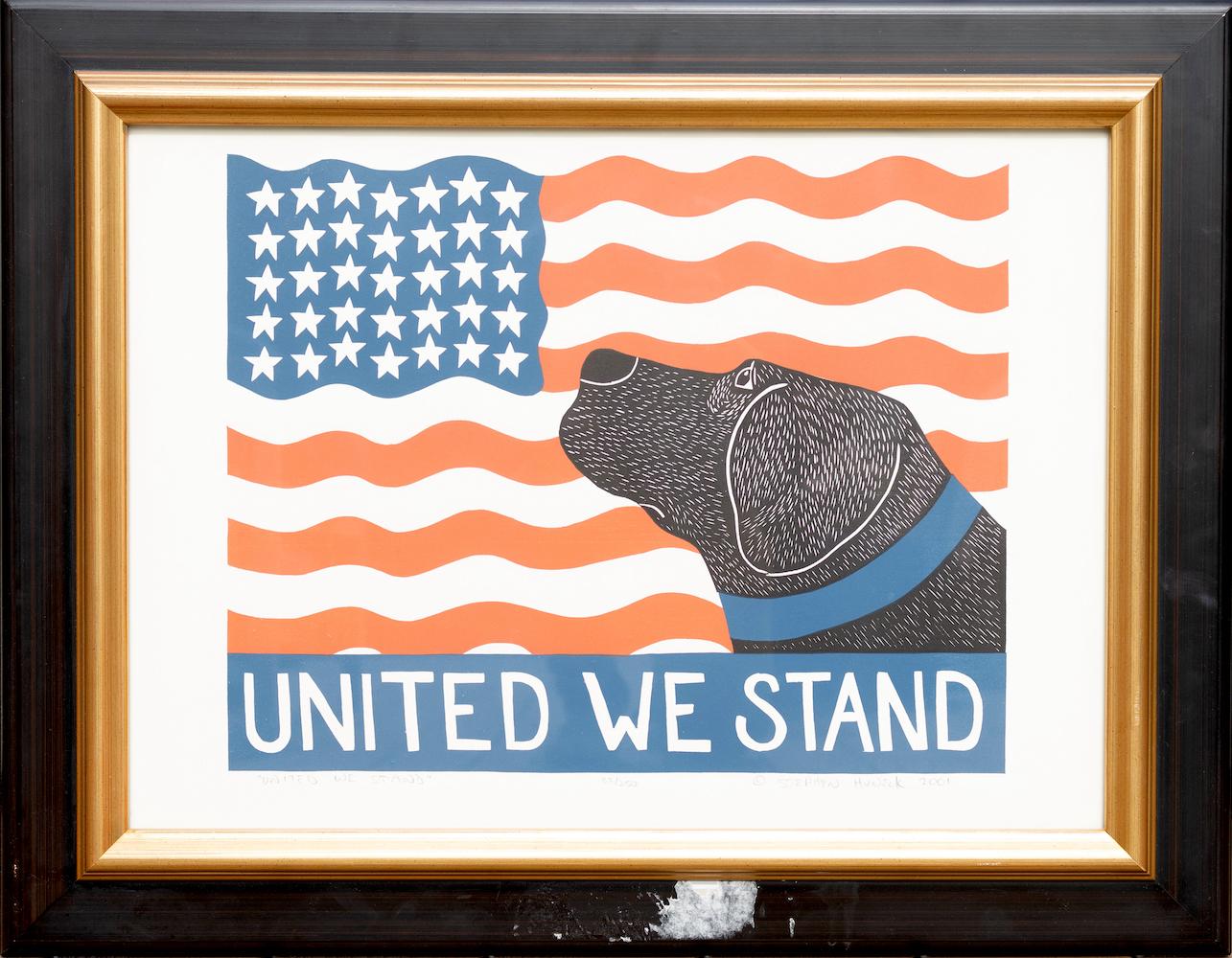 This piece depicts an American flag with a dog looking up to it and the words 