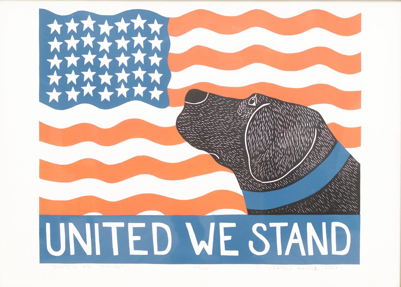 "United We Stand" Edition 32/250 USA Drapeau Américain Chien Labrador Retriever Noir - Print de Stephen Huneck