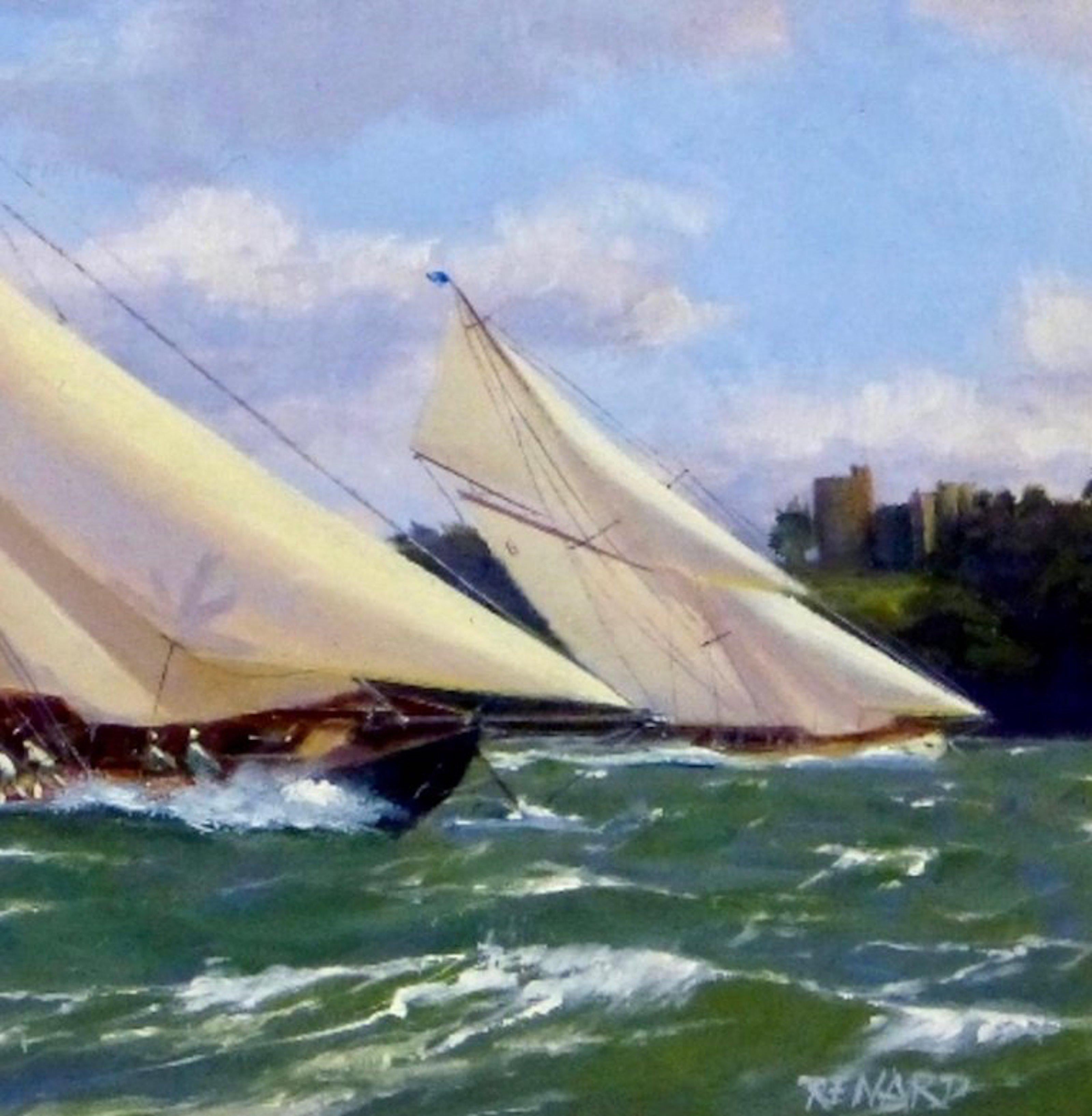 Yachts Racing off Norris Castle - Contemporary Painting by Stephen J. Renard