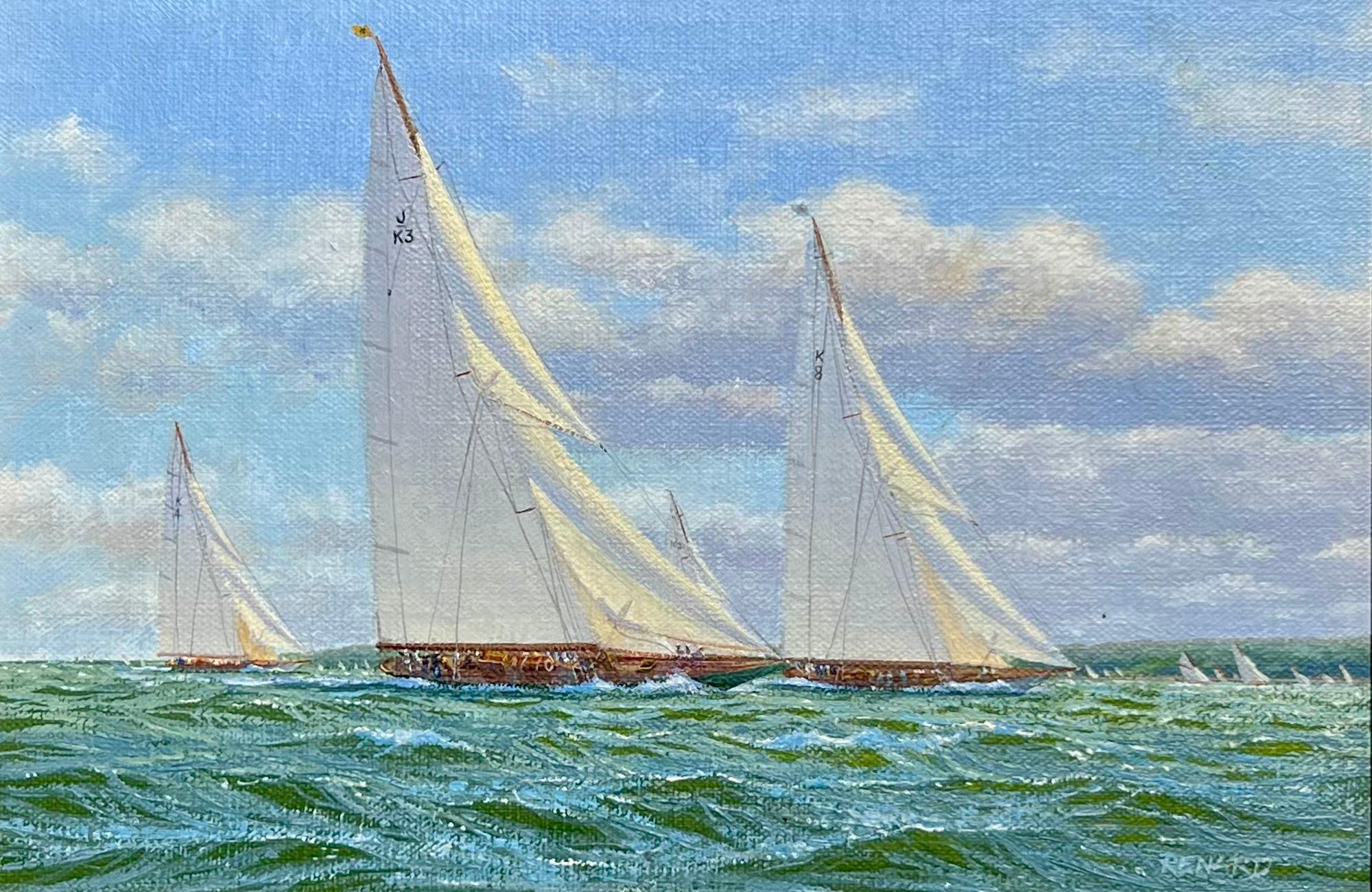 Yachts racing off the English coast.  Oil on artist panel, signed lower right.  

Renard was born in Huddersfield, England in 1947. Although he was interested in art and clearly gifted artistically from an early age, he chose to go to teachers
