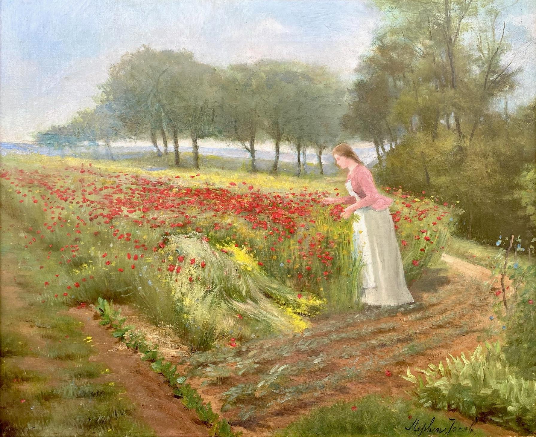 Gathering Wildrote Mohnblumen: Frau auf einem Mohnblumenfeld  – Painting von Stephen Jacob