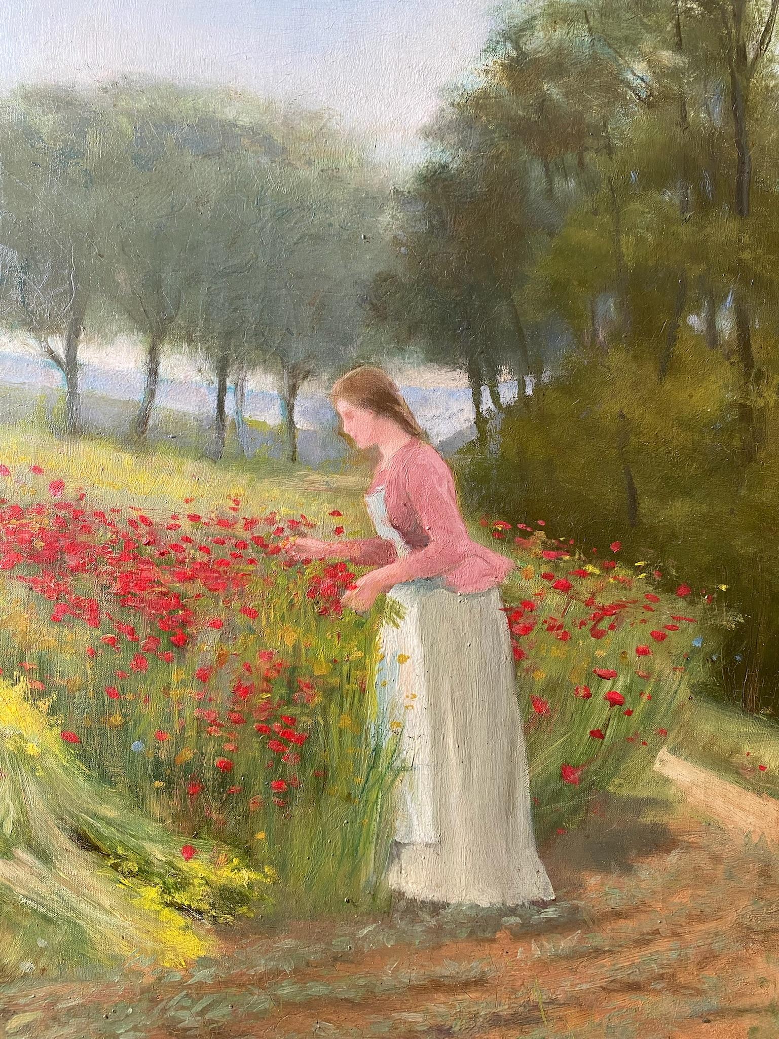 Gathering wild red poppies: woman in a poppy field French Impressionist painting For Sale 1