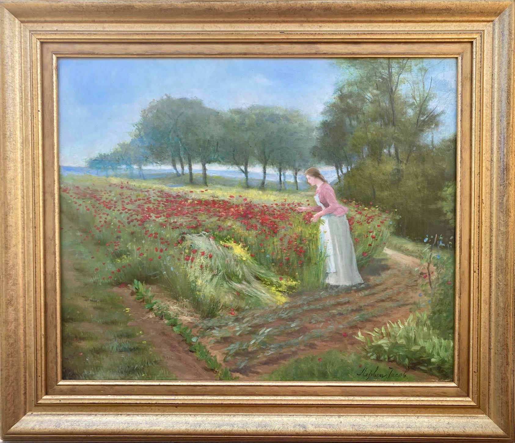 Stephen Jacob Figurative Painting - Gathering wild red poppies: woman in a poppy field French Impressionist painting