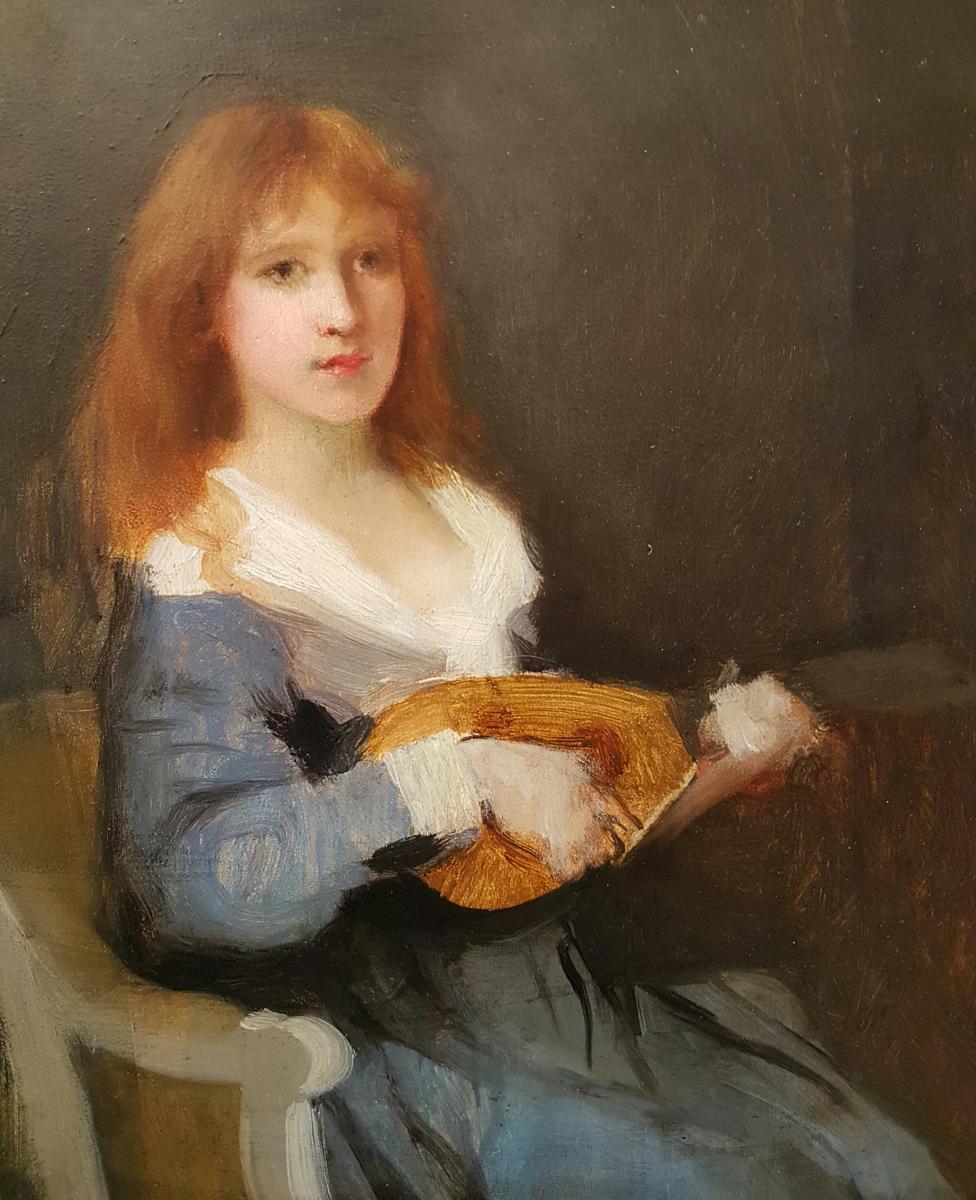 JACOB Peinture académique française du 19ème siècle Femme élégante jouant de la mandoline à l'intérieur - Painting de Stephen Jacob