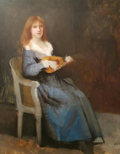 JACOB Peinture académique française du 19ème siècle Femme élégante jouant de la mandoline à l'intérieur