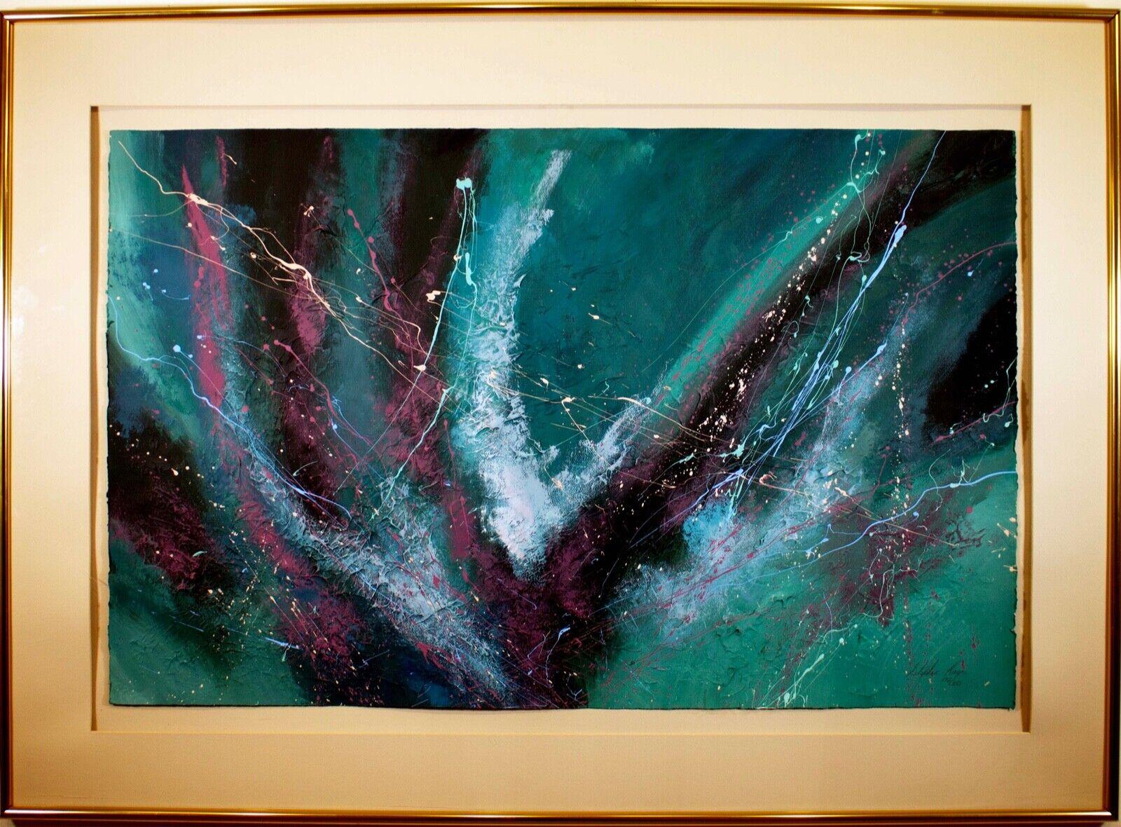 An energetic abstract expressionism contemporary silkscreen on paper by Stephen Kaye. Hand signed in pencil on the bottom right with an annotation of 172/350. A lovely combination of jewel tones – teal, turquoise, magenta, and royal purple – in a