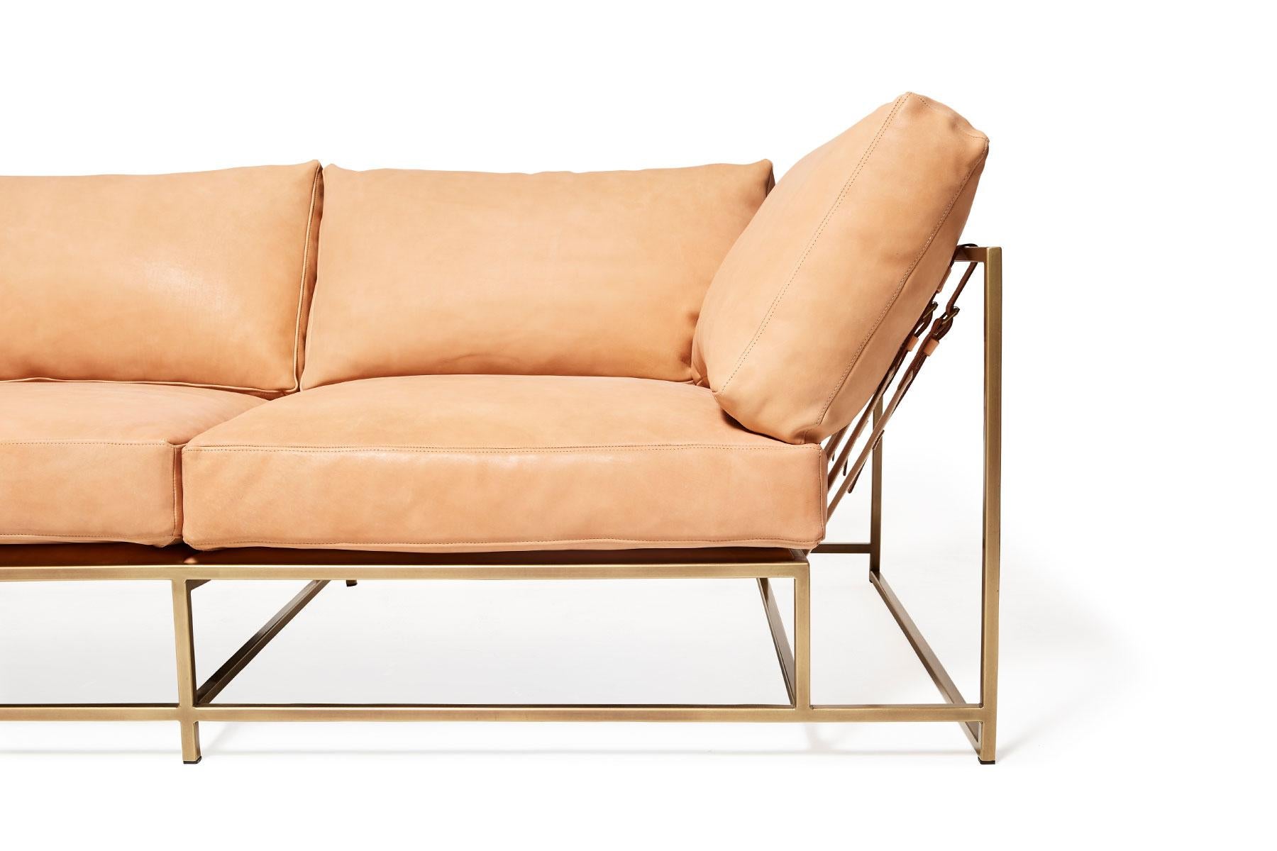Modern Natural Veg Tan Leather & Antique Brass Two Seat Sofa For Sale