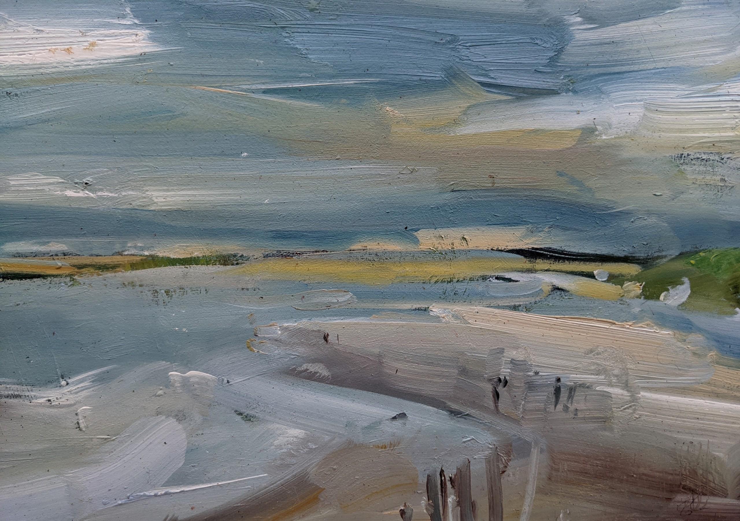 Ebbing tide is an original landscape painting by Stephen KInder. This painting was completed on location in the late summer of 2019. The painting was completed on West Wittering beach towards the end of summer in 2019. I painted this scene as the