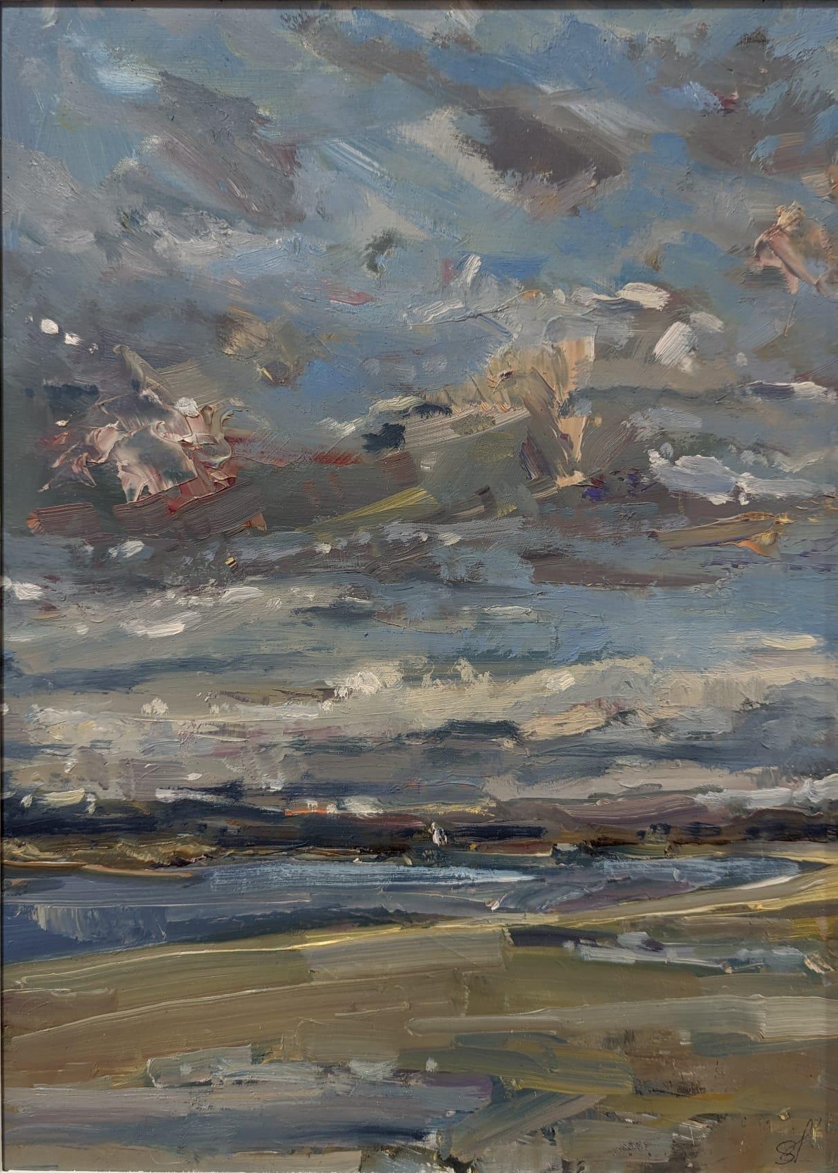 Abstract Painting de Stephen Kinder - Atardecer próximo, Paisaje marino abstracto, Pintura original de paisaje, Obra de arte enmarcada