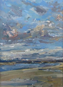 Atardecer próximo, Paisaje marino abstracto, Pintura original de paisaje, Obra de arte enmarcada