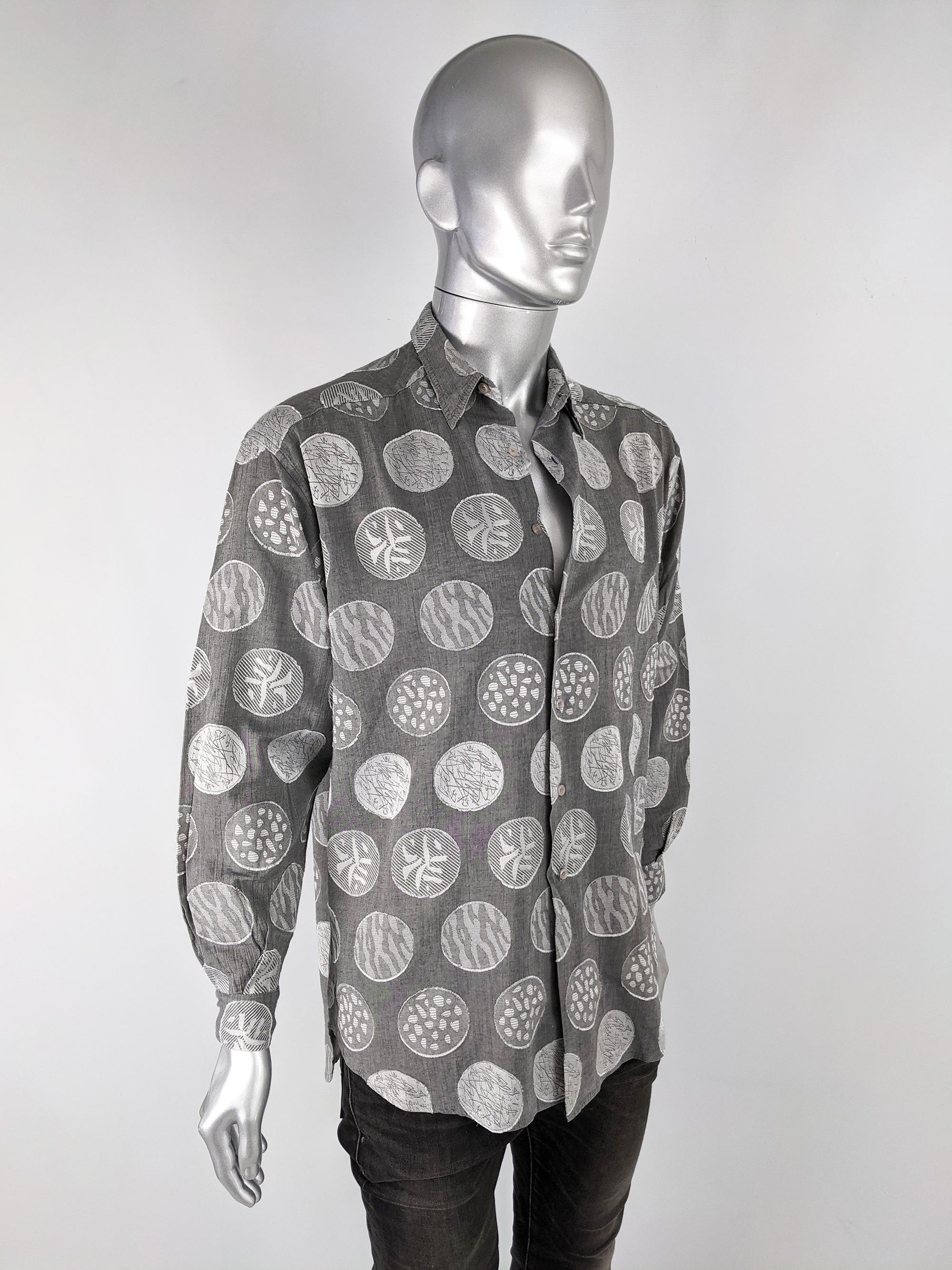 Gray Stephen King Vintage Mens Grey Jacquard Fabric Long Sleeve Shirt For Sale
