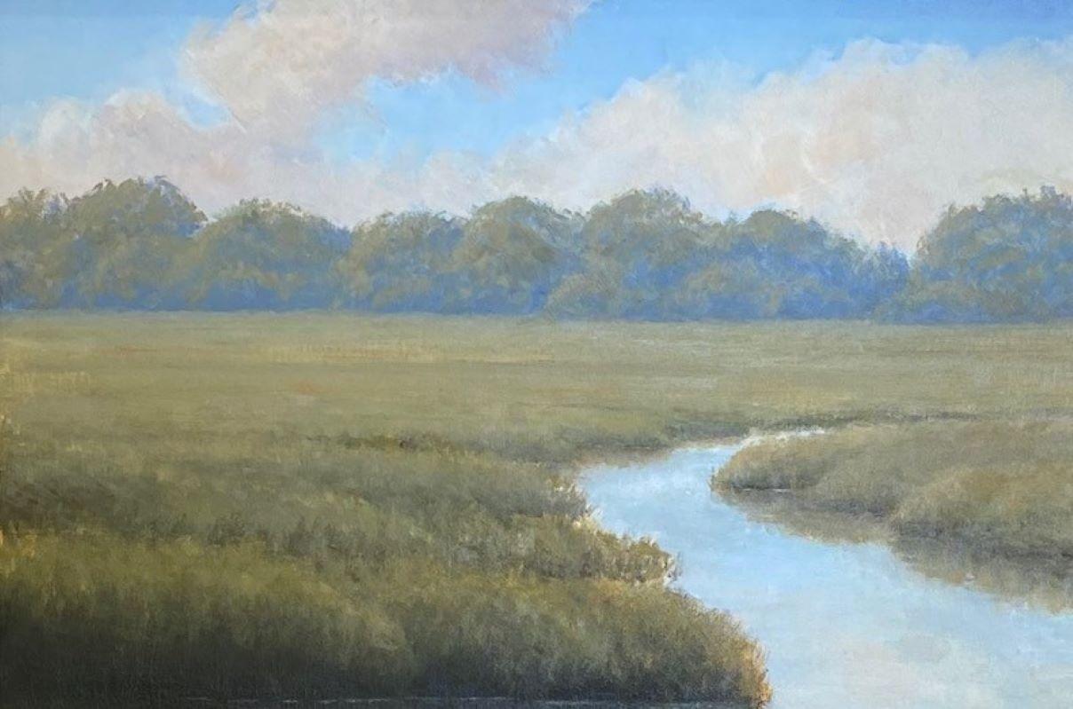Early Morning Peace, original 20x30 impressionist marine landscape - Brown Landscape Painting by Stephen Knight