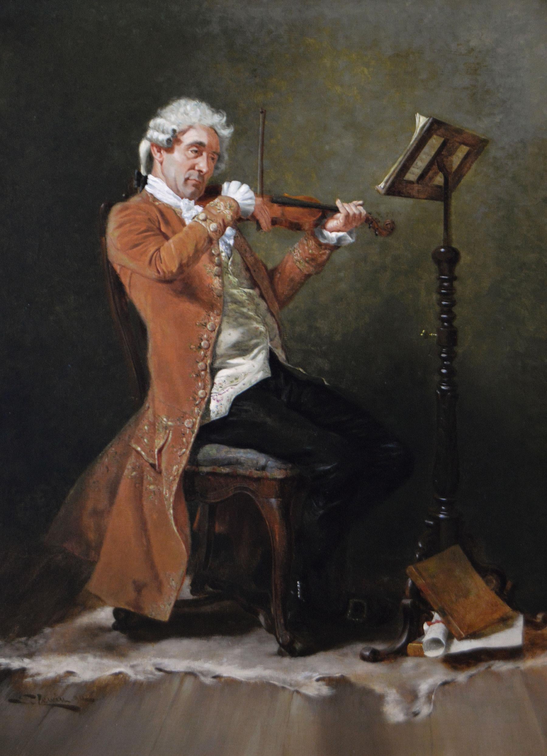 19th Century genre historical oil painting of a gentleman playing a violin - Painting by Stephen Lewin