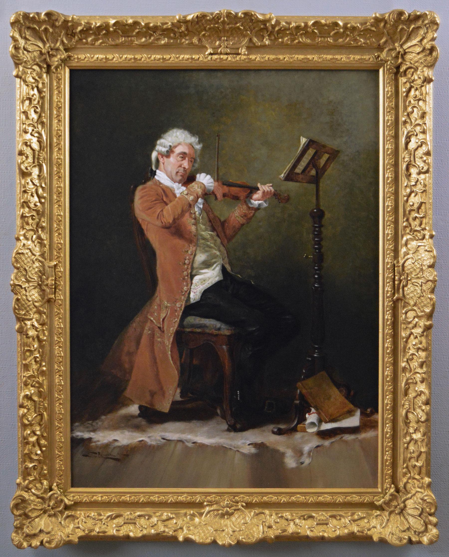 Stephen Lewin Interior Painting - 19th Century genre historical oil painting of a gentleman playing a violin