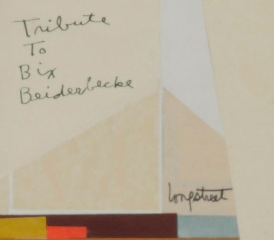 Tribute to Bix Beiberbecke
Mixed media collage, 1974
Signed and titled in ink; lower right recto (see photo)
Signed and dated ’74 in red crayon verso
Image size: 32.5 x 22.75 inches
Condition: Wrinkles due to collage and support sheet
Provenance: