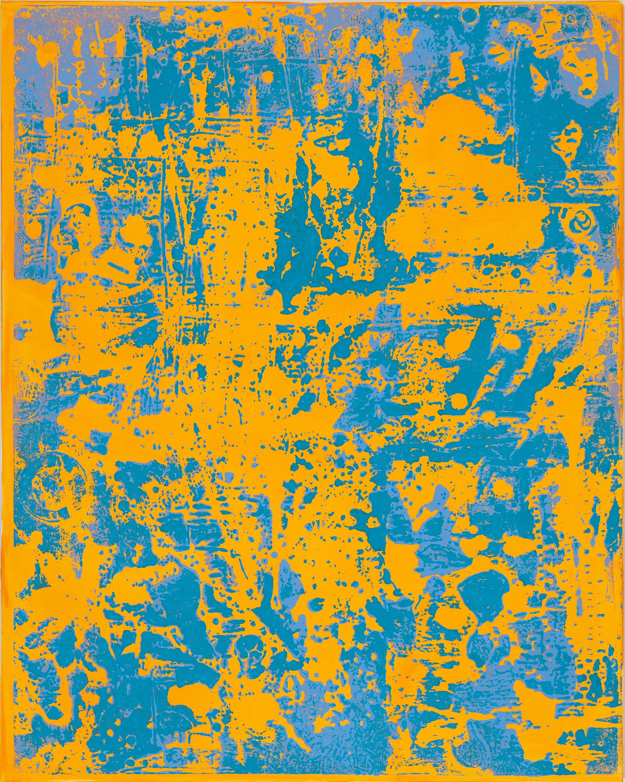 P17-0220 is a large, vertical abstract painting in bright hues of pale yellow orange and vibrant blue by Stephen Maine. This striking painting conveys movement and the suggestion of texture in the application of the acrylic paint on the canvas.