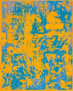 P17-0220, Large Vertical Abstract Painting in Bright Blue and Light Orange