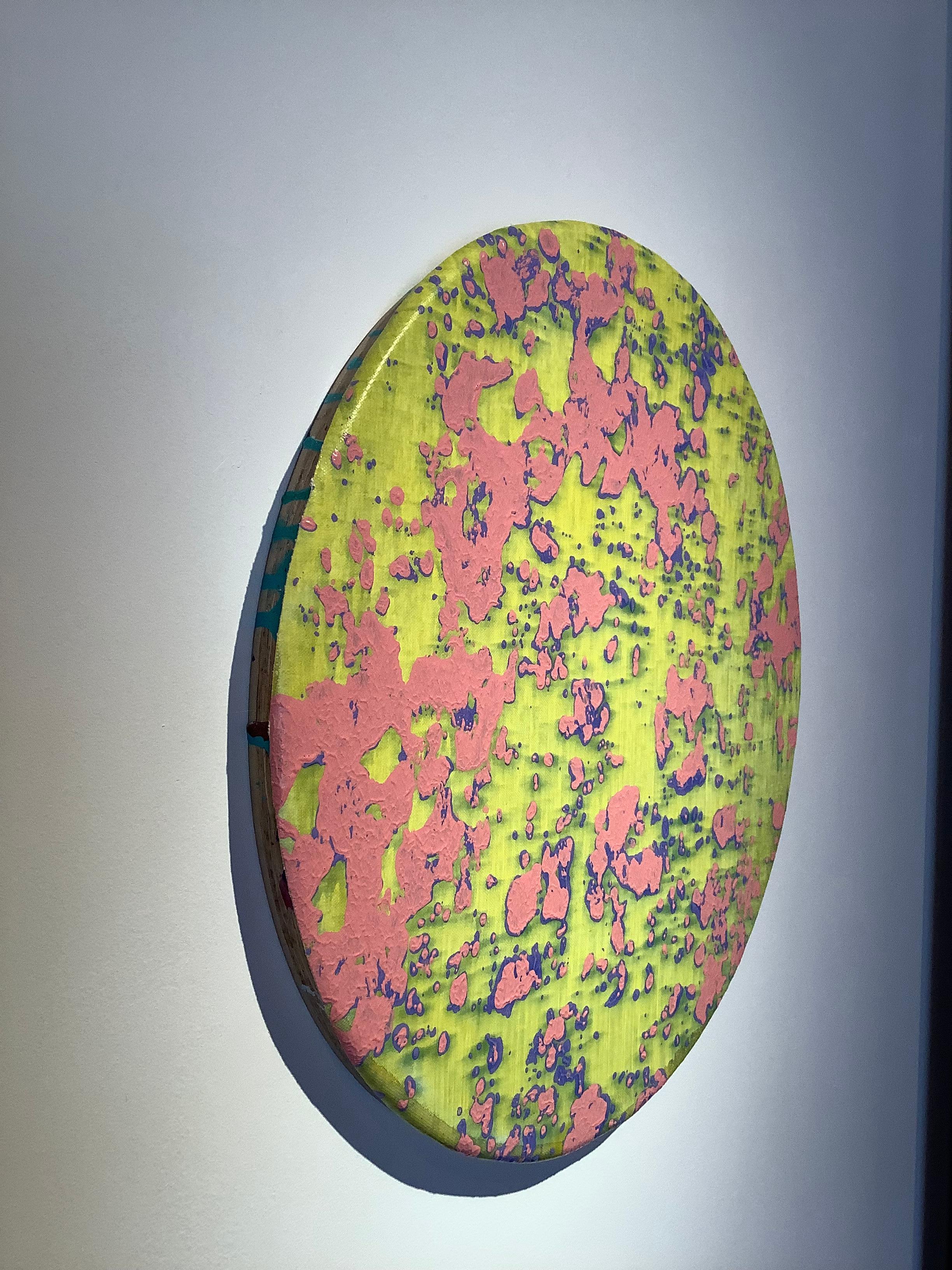 P17-1203, Circular Abstract Painting in Bright Neon Yellow, Light Pink and Blue 1