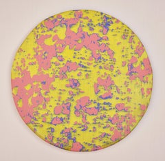 P17-1203, Circular Abstract Painting in Bright Neon Yellow, Light Pink and Blue